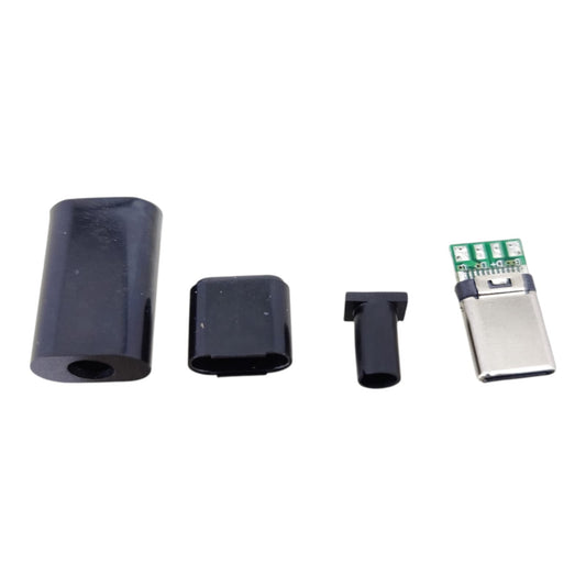 Disassembled USB 3.1 Type-C male solder kit with PCB, black housing shell, and strain relief boot.
