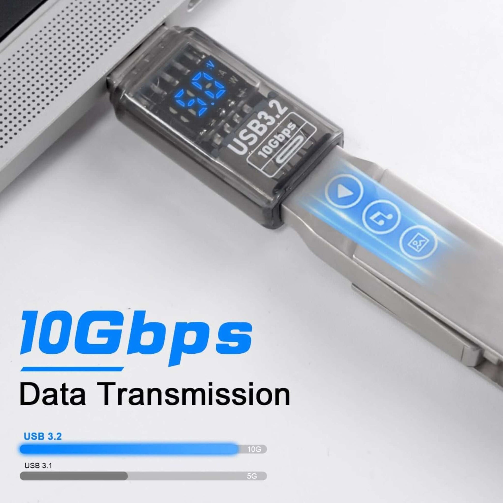 USB 3.2 A to A adapter demonstrating 10Gbps data transmission speed connected to a laptop.