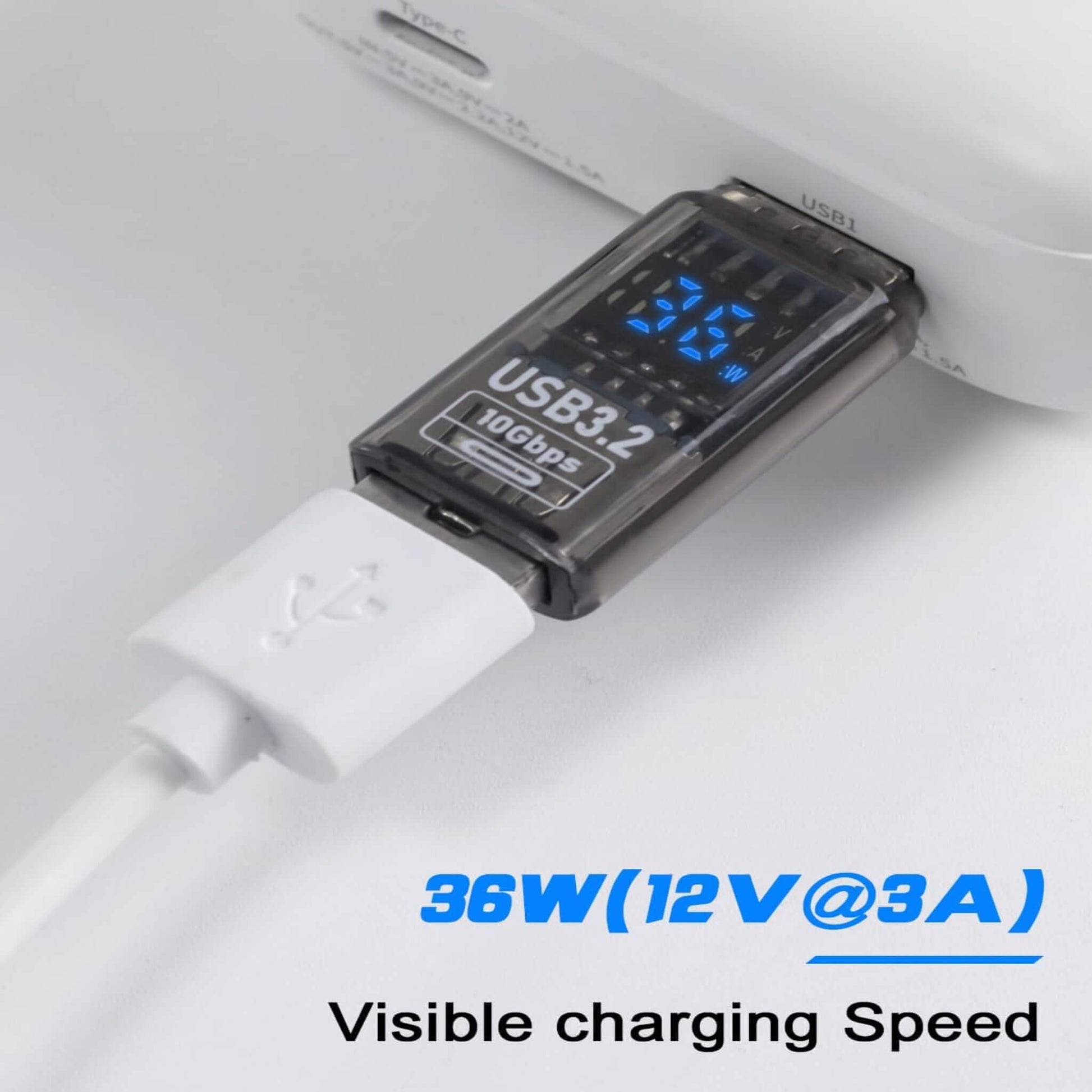 USB 3.2 A to A adapter showing 36W (12V@3A) charging speed on its digital display.
