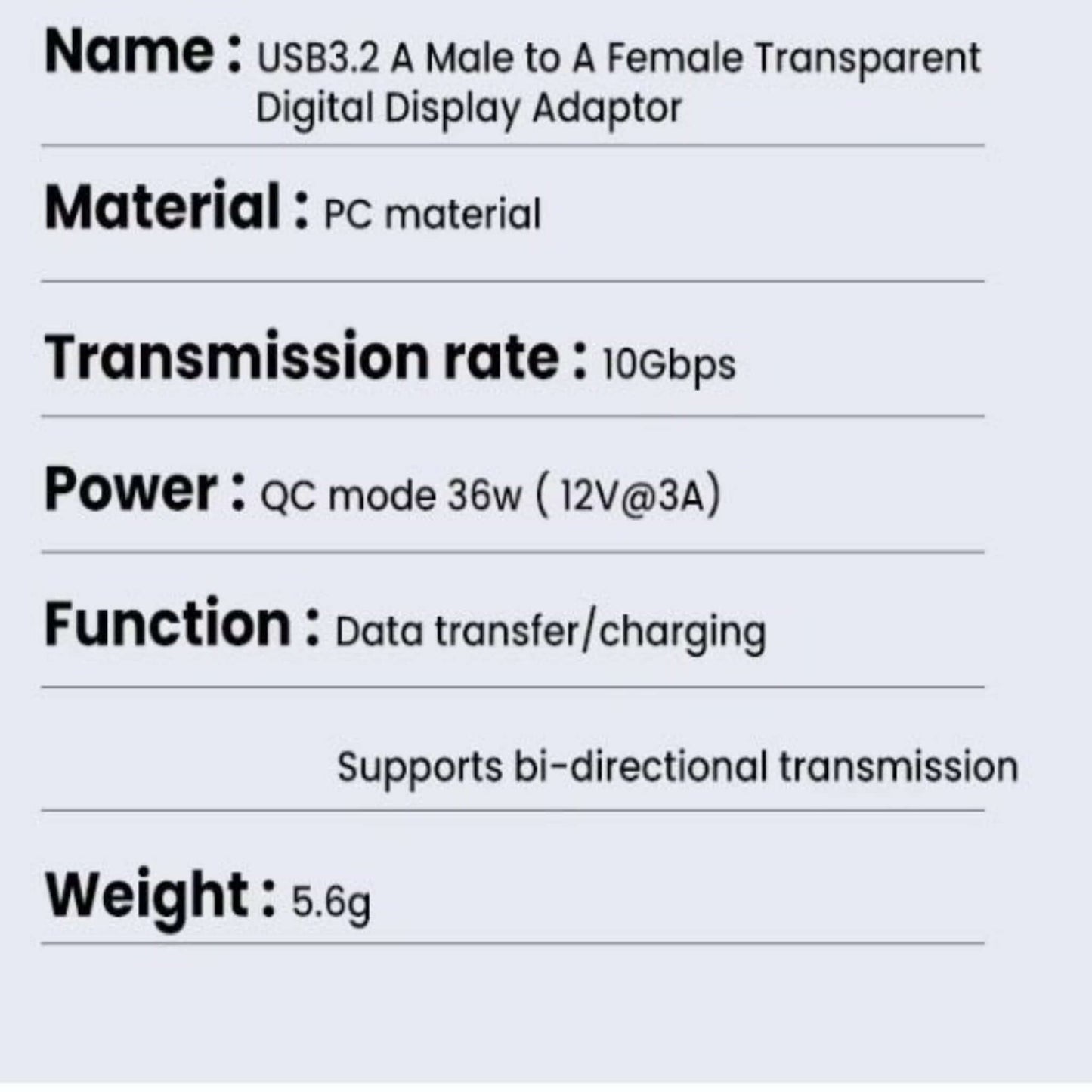 USB 3.2 A to A adapter with transparent design, digital display, 10Gbps, 36W QC power.