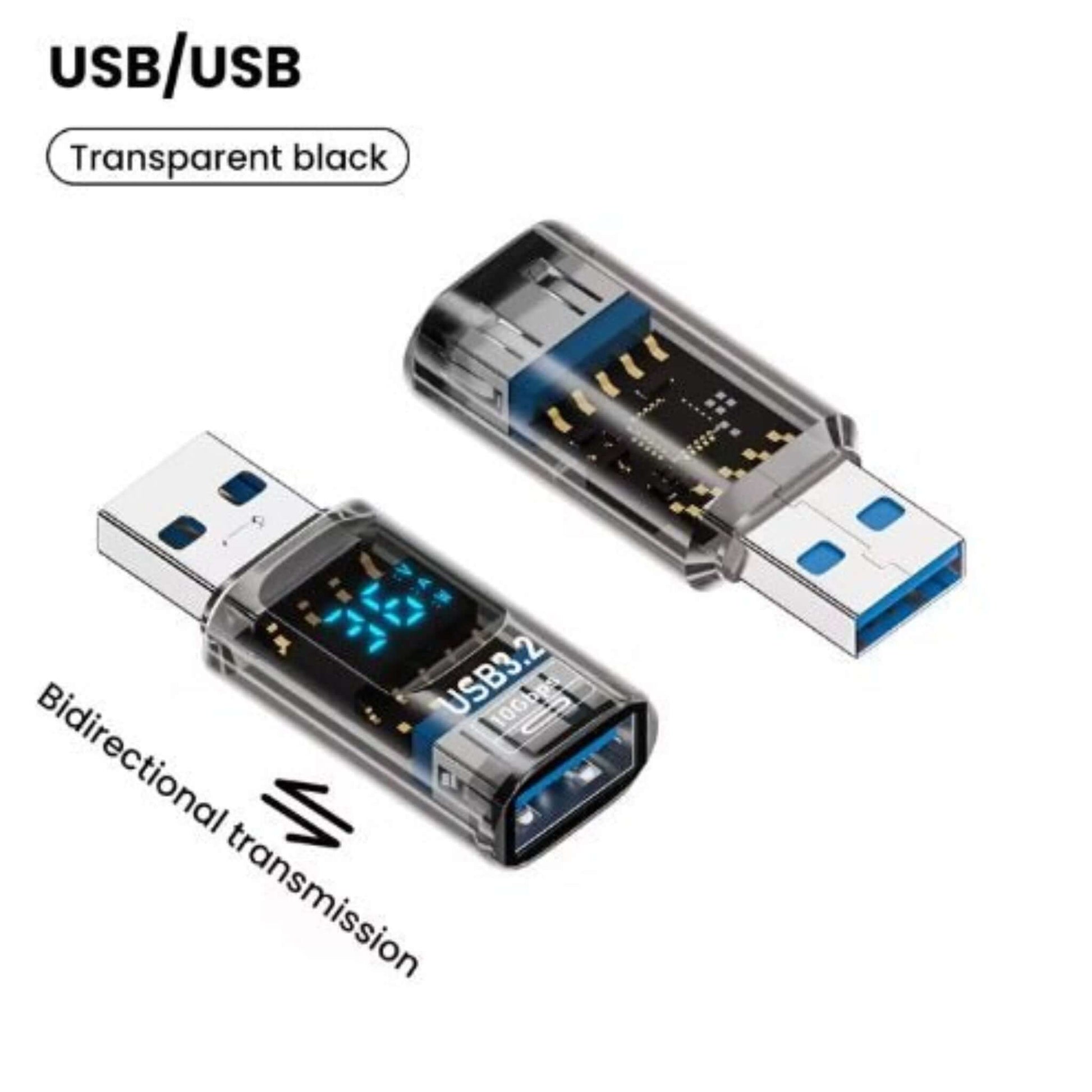 Two transparent black USB 3.2 A to A adapters, highlighting bidirectional transmission feature.