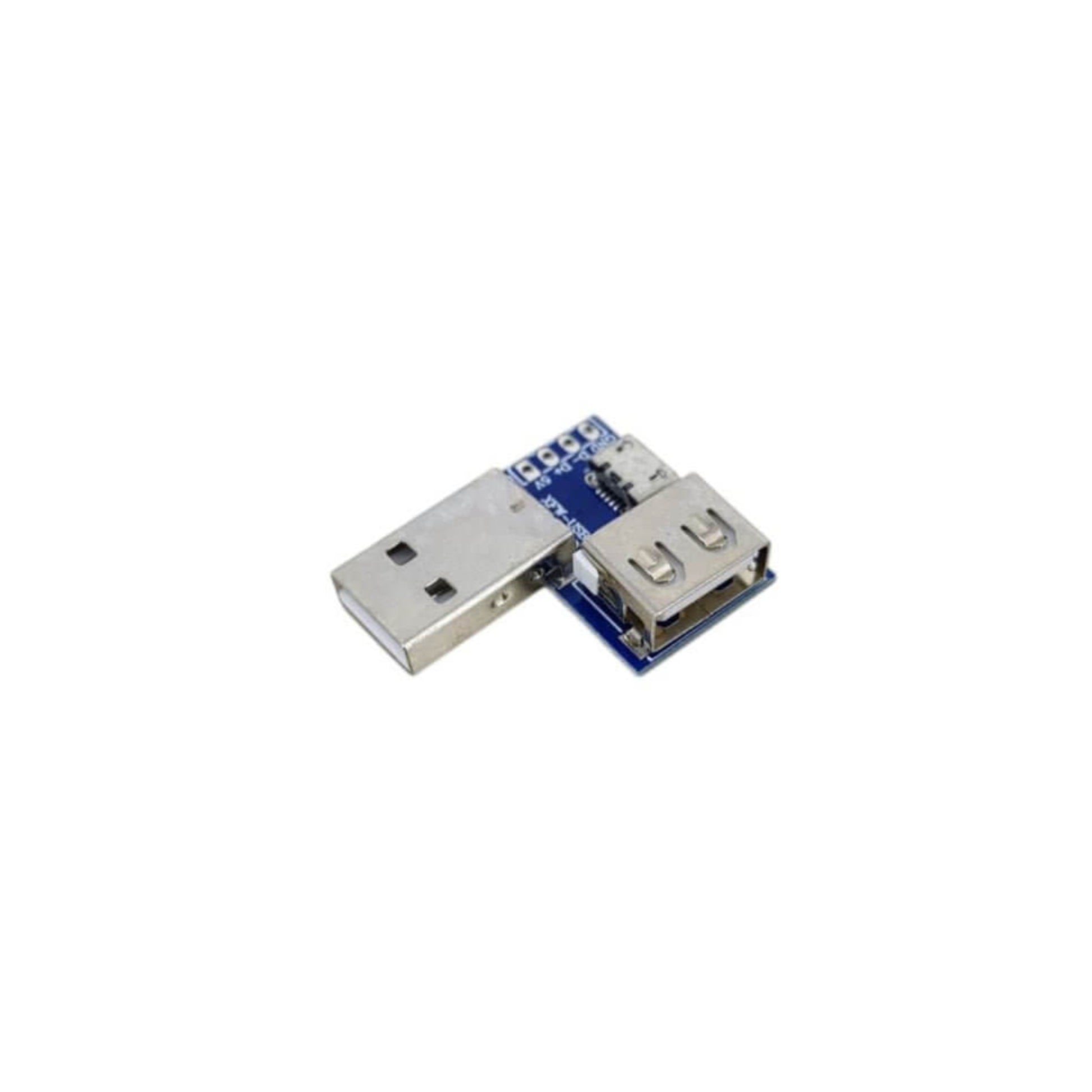 USB adapter board with USB-A male and female connectors and micro USB port for versatile interfacing.