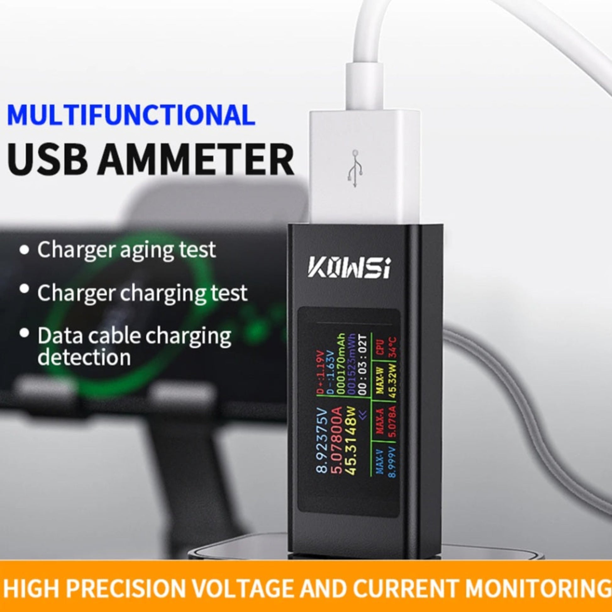 KWS-MX23 USB ammeter testing a white wall charger and data cable for charging efficiency and aging.