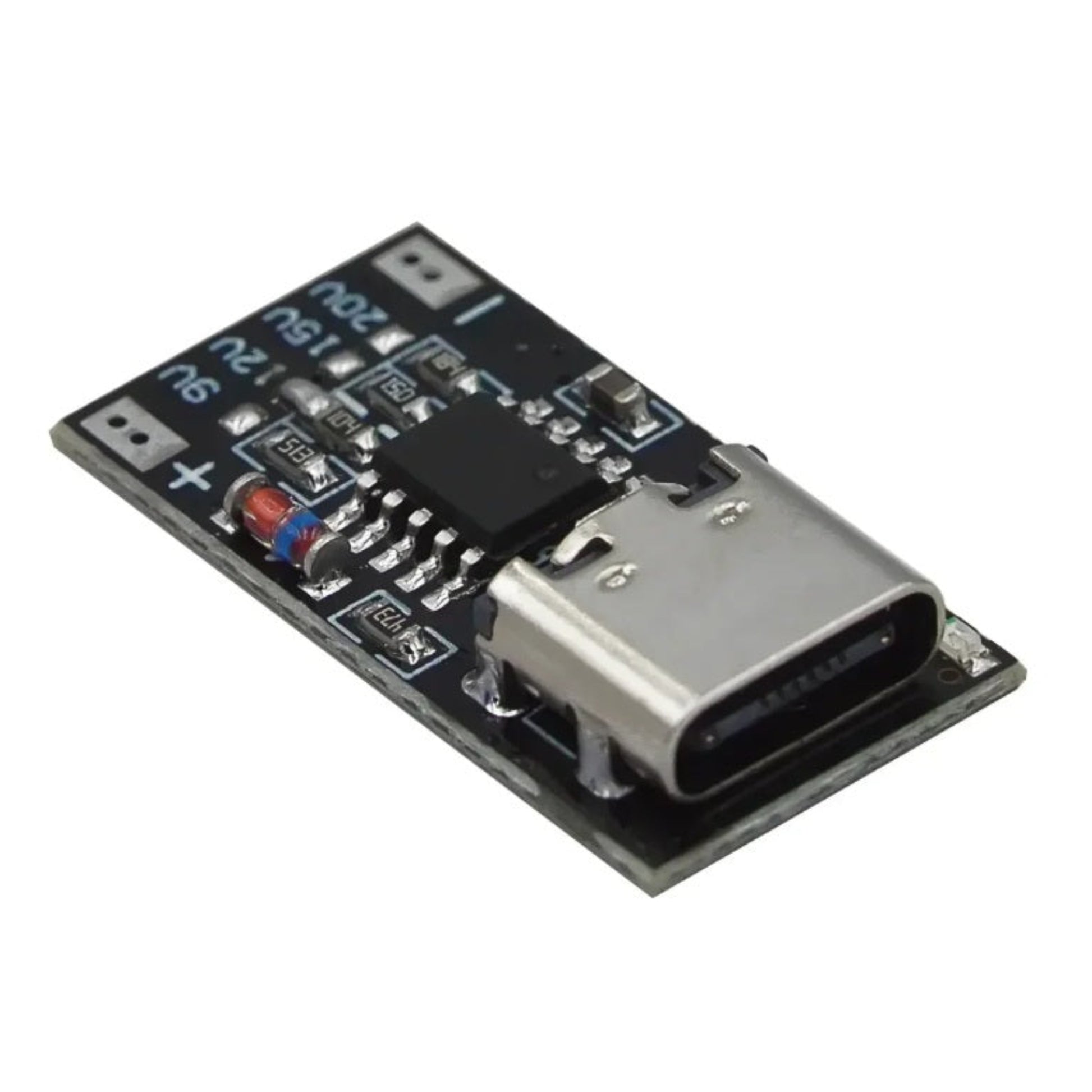 Close up of the USB boost module highlighting the 9V, 12V, 15V, and 20V solder pads.