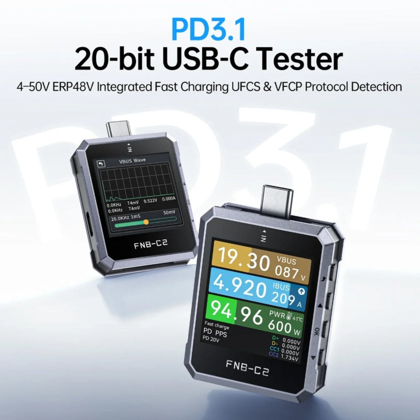 Dual view of the FNIRSI FNB-C2 highlighting PD3.1 EPR and 20-bit measurement capabilities.
