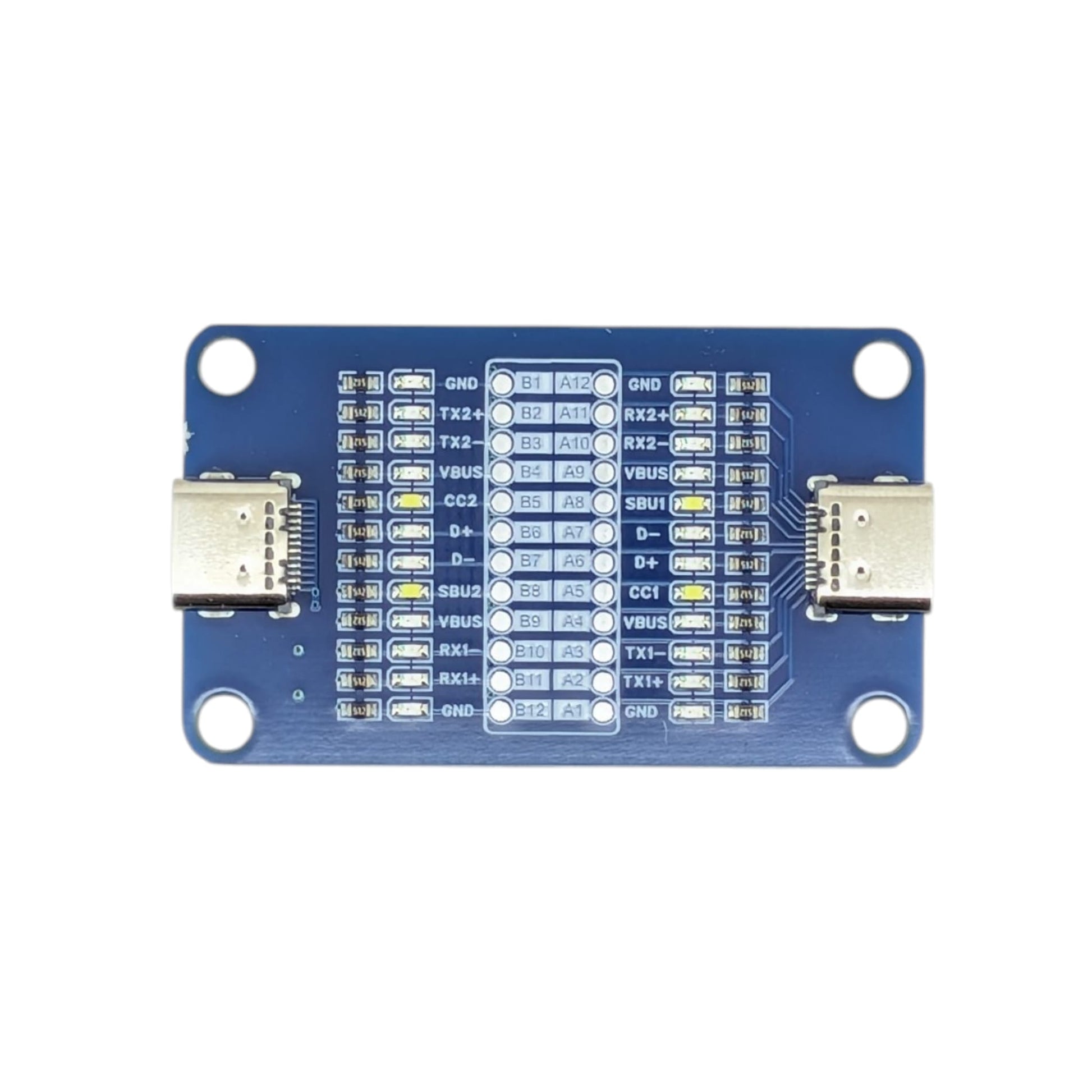 Top view of the blue USB-C 24-pin cable tester board with LED indicators.