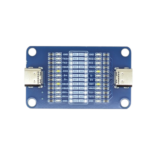 Top view of the blue USB-C 24-pin cable tester board with LED indicators.