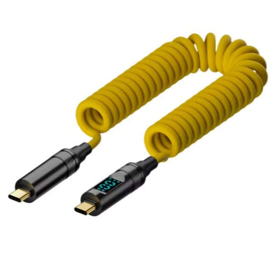 Bright yellow coiled USB-C to USB-C cable with digital display, 1.8m length, 100W power delivery.