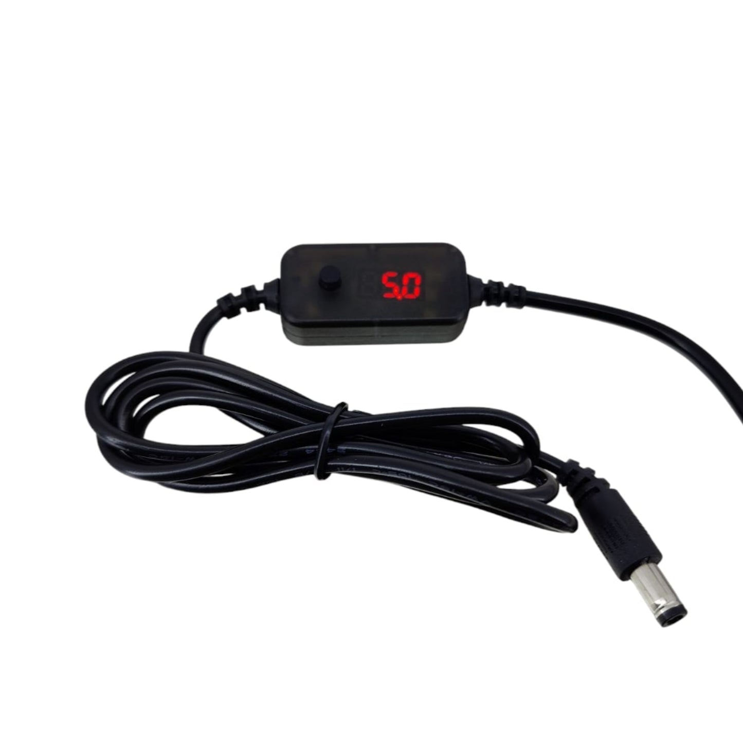 USB-C to DC plug adjustable voltage cable displaying 5V output for powering various devices.