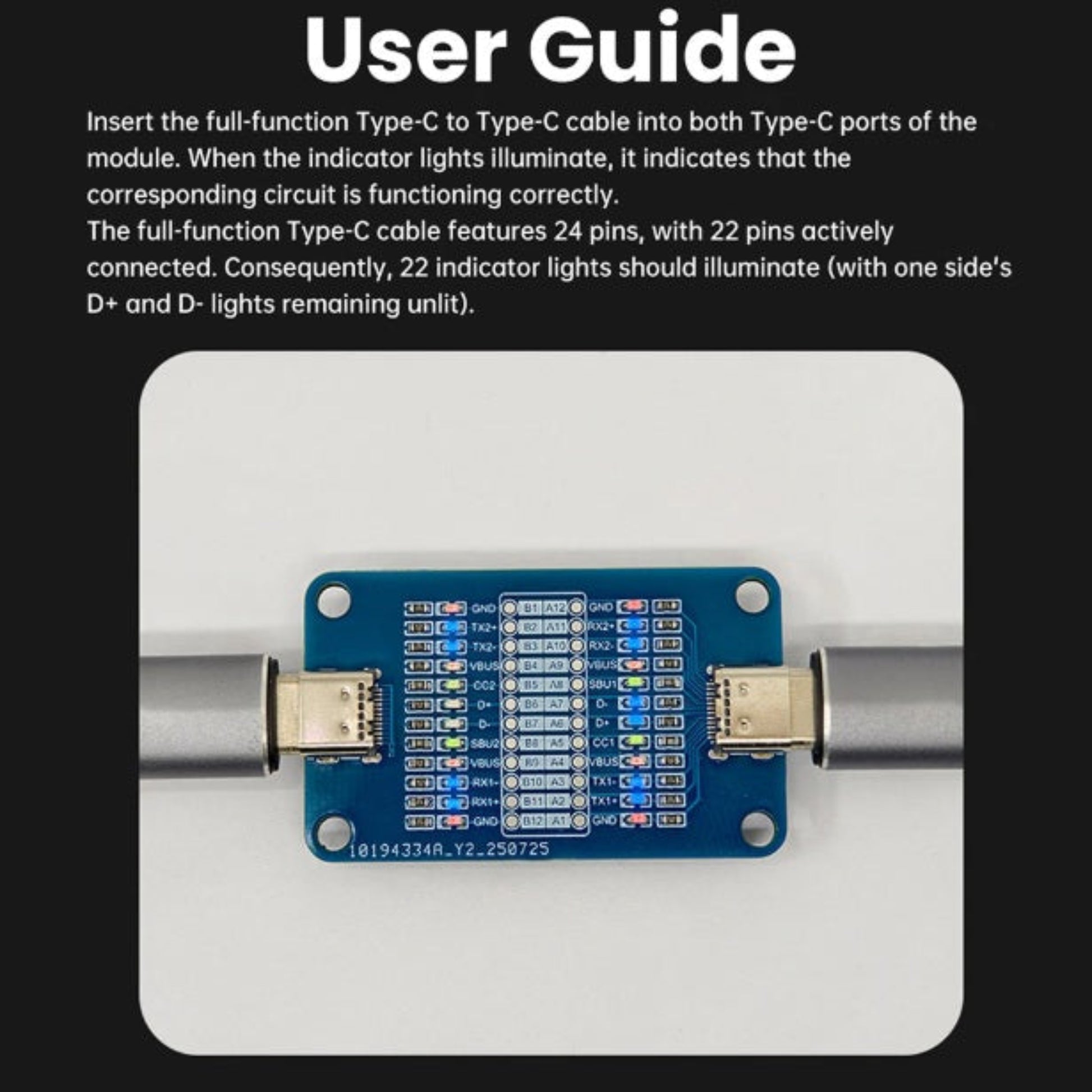 USB-C cable plugged into both ends of the tester illuminating the LED lights.