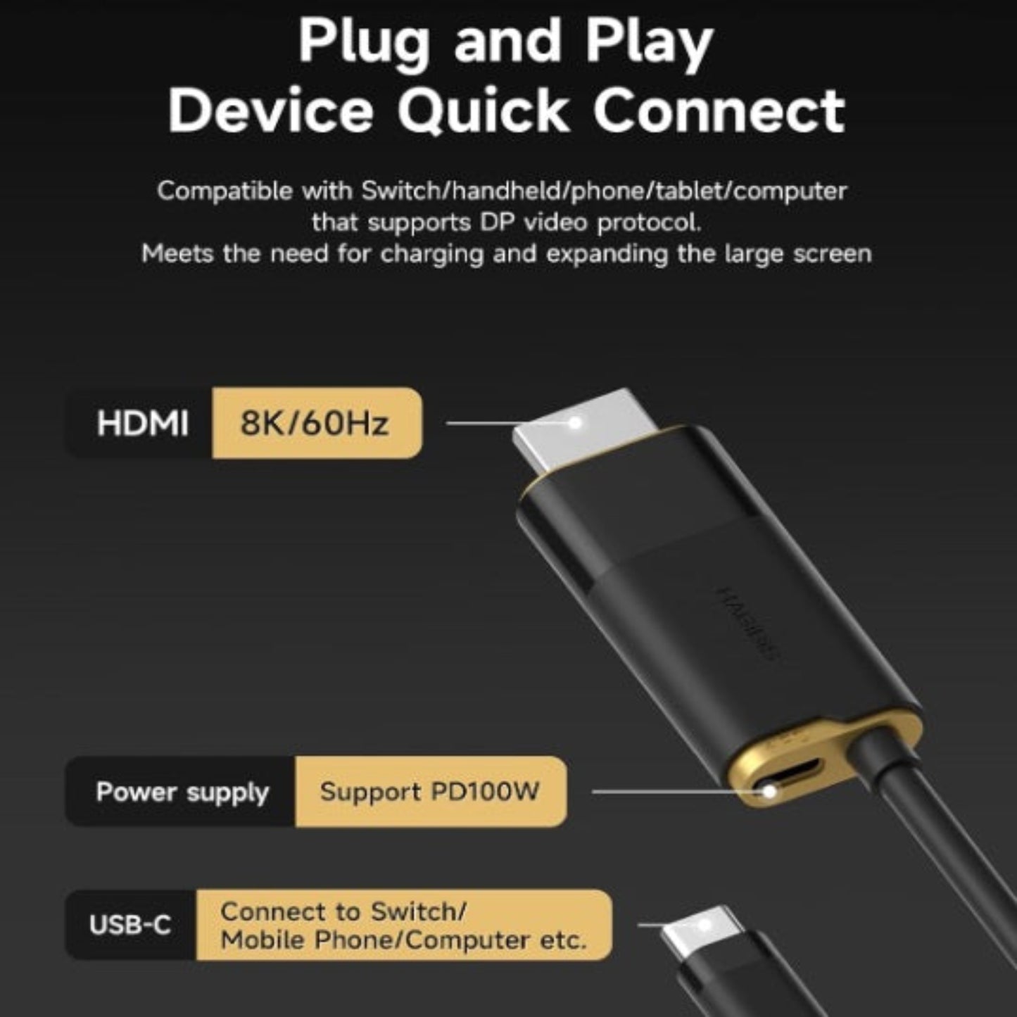 Diagram showing plug and play compatibility of Hagibis USB-C to HDMI adapter for phones, tablets, and computers.