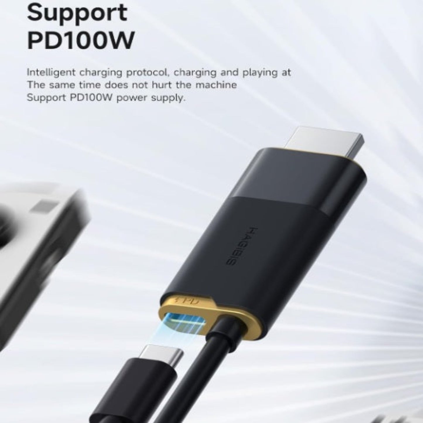 Close-up of the integrated 100W PD charging port on the Hagibis USB-C to HDMI adapter for fast power delivery.
