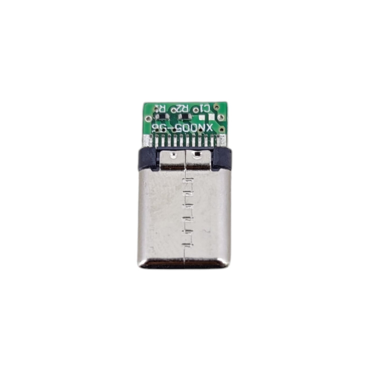 Close-up of USB-C male solder plug PCB with labeled pads for DIY cable repair and custom keyboard cables.