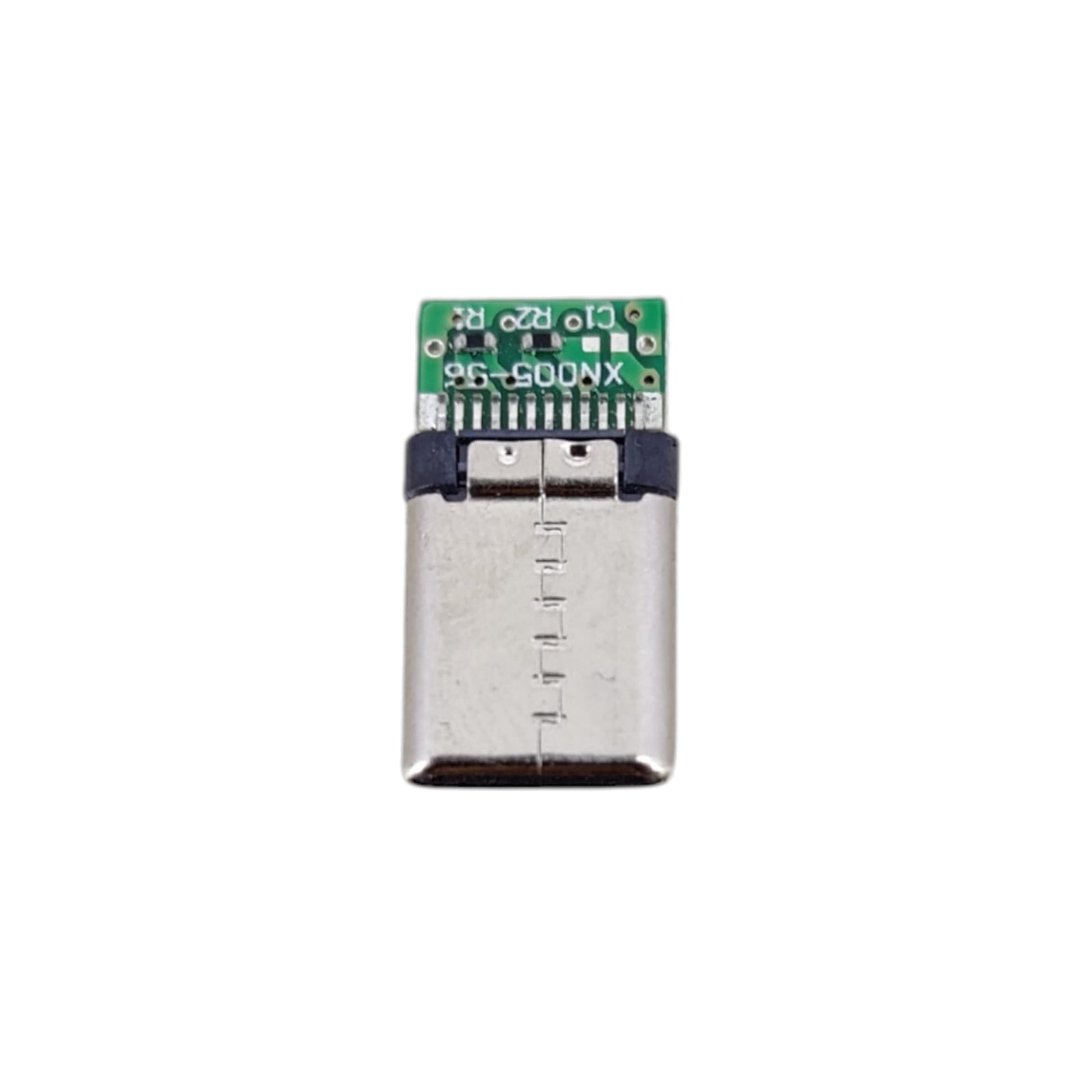 Close-up of USB-C male solder plug PCB with labeled pads for DIY cable repair and custom keyboard cables.
