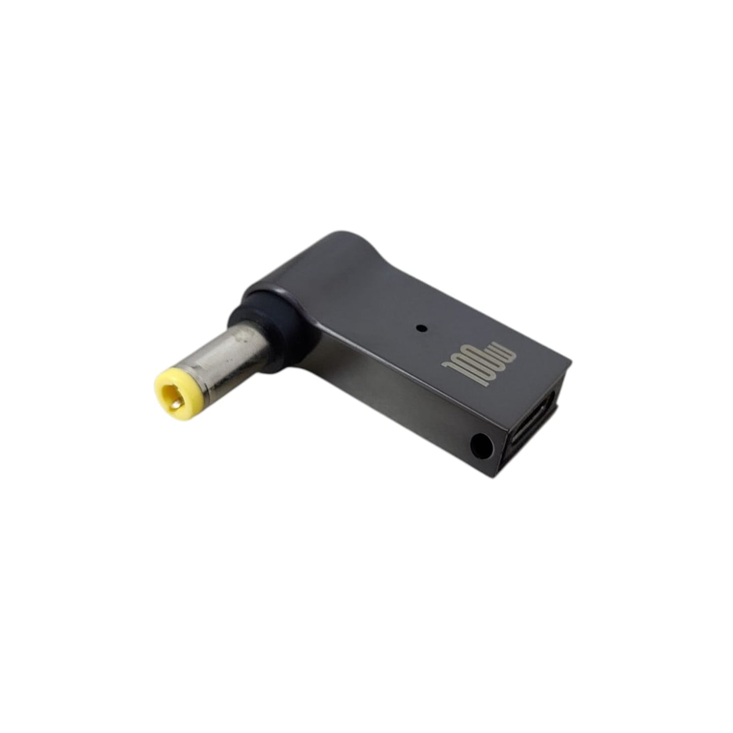 A 100W USB-C to 5.5x2.5mm DC plug (yellow tip) PD charging adapter.