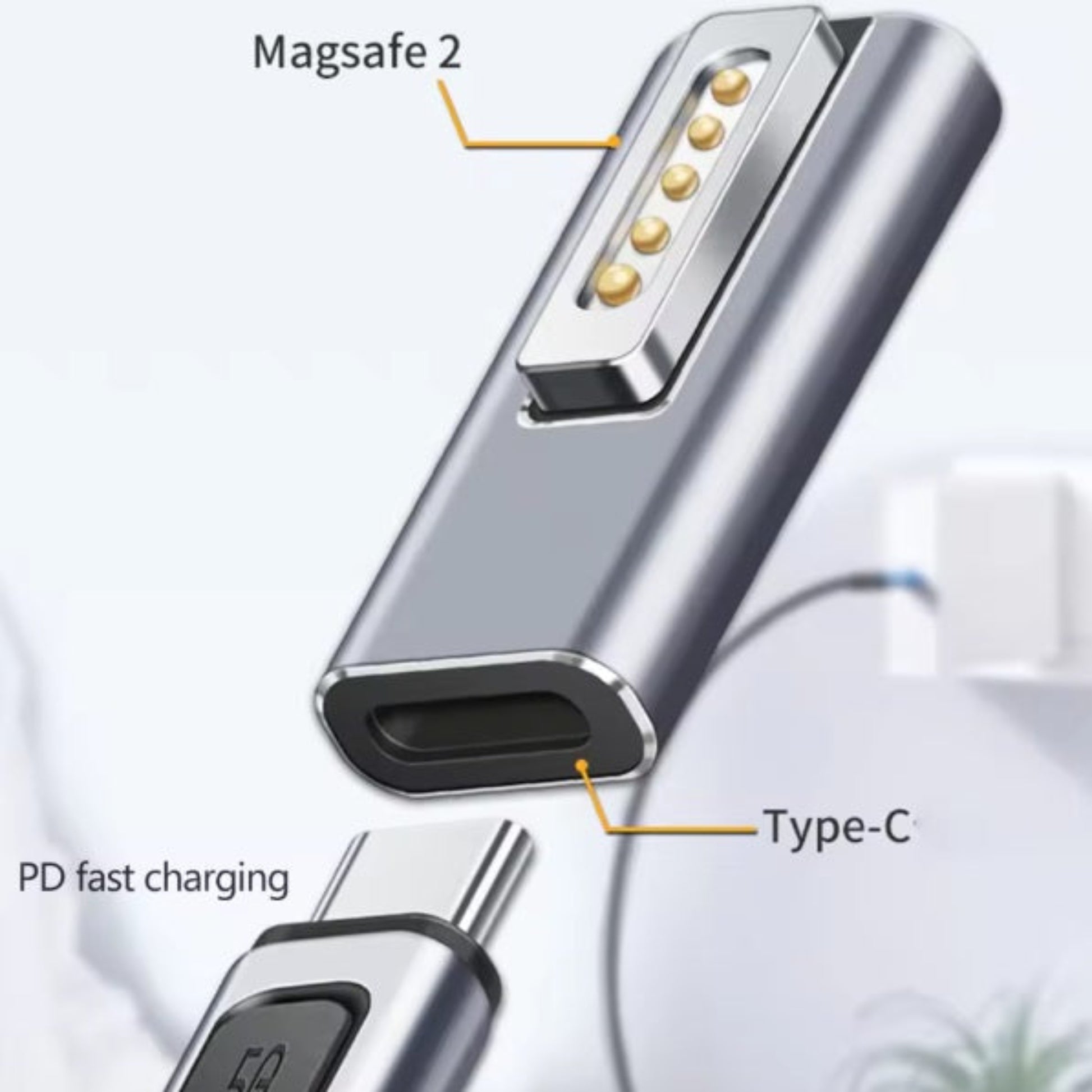 An exploded view of the adapter showing the female Type-C port for PD fast charging and the male MagSafe 2 connector.