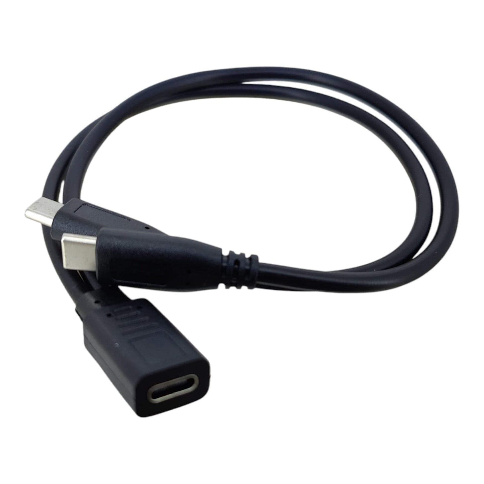 USB-C splitter cable with one female socket and two male plugs.