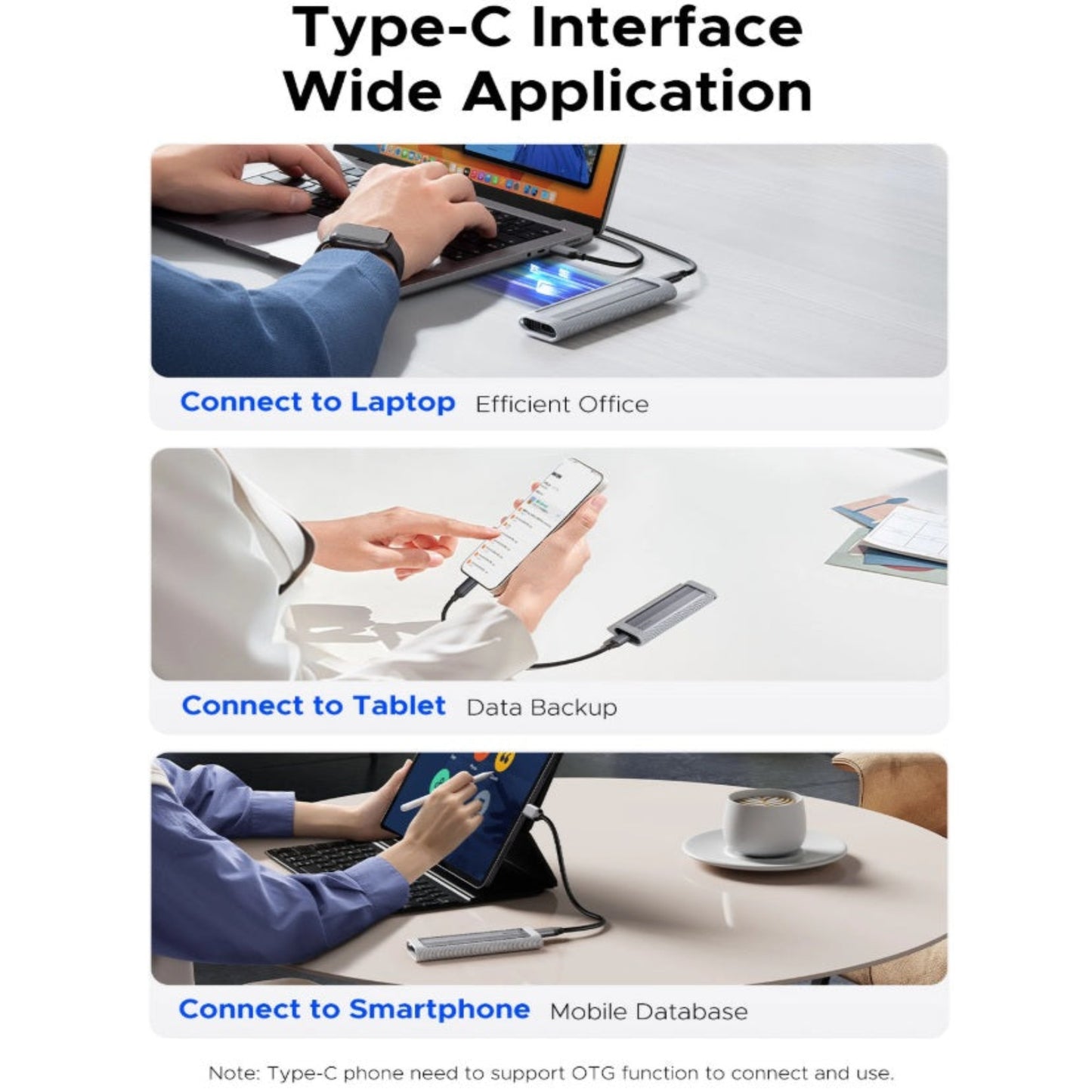 Type-C interface compatible with laptops, tablets, and OTG-supported smartphones for data backup.