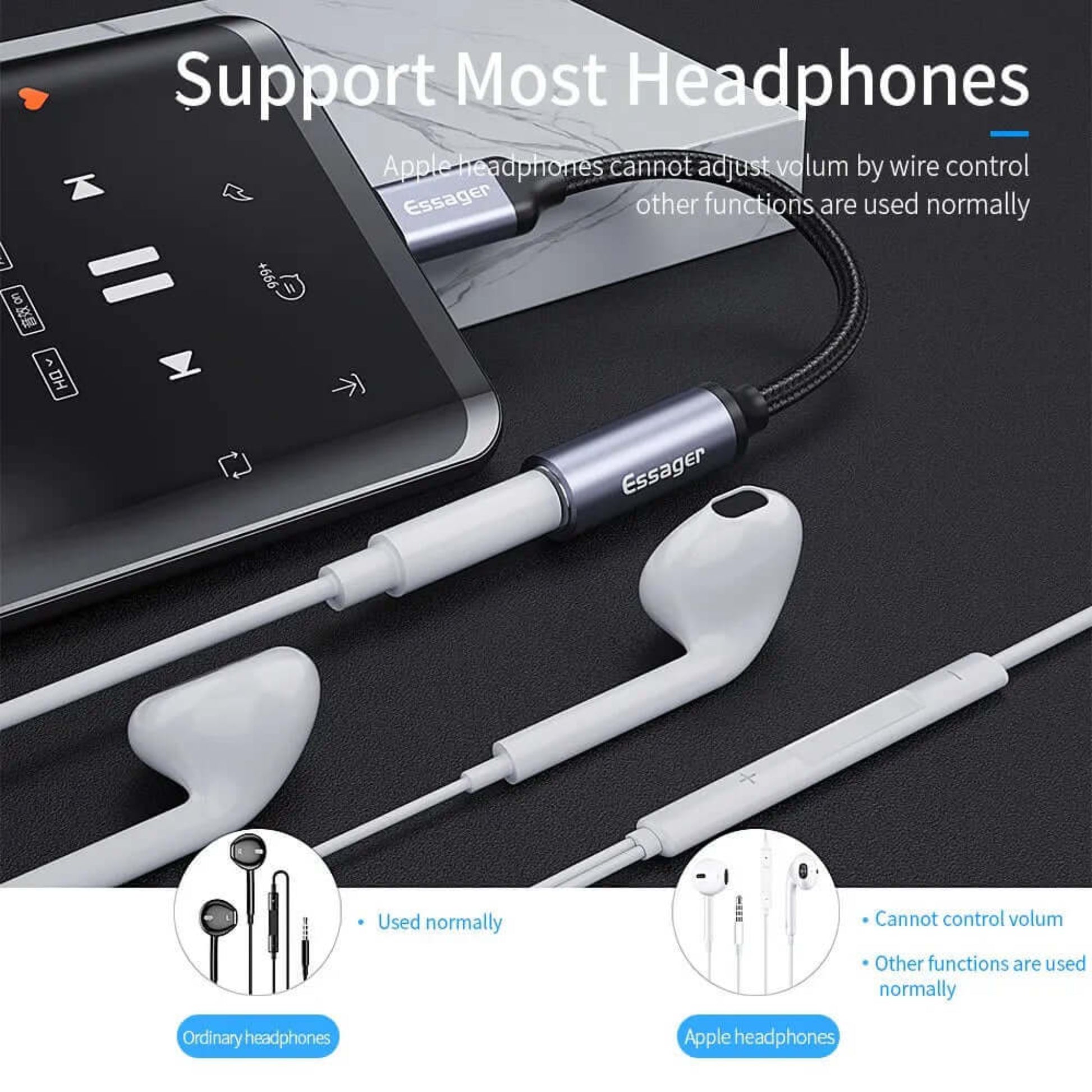 USB C to 3.5mm adapter supporting most headphones, with note on Apple headphone volume control.