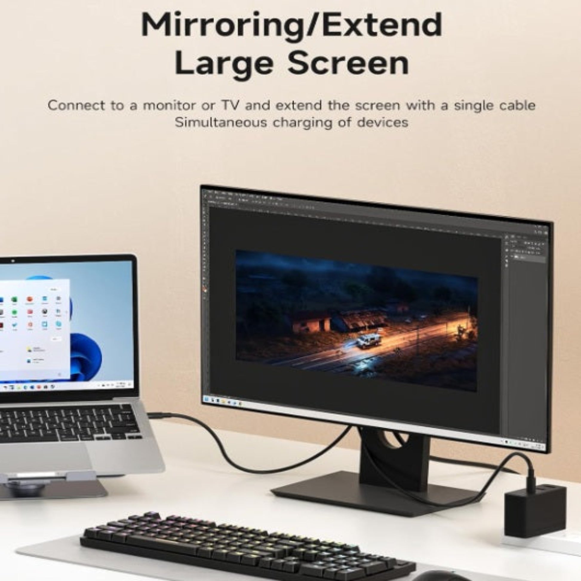 Laptop screen mirrored to a larger monitor using Hagibis USB-C to HDMI cable while simultaneously charging.
