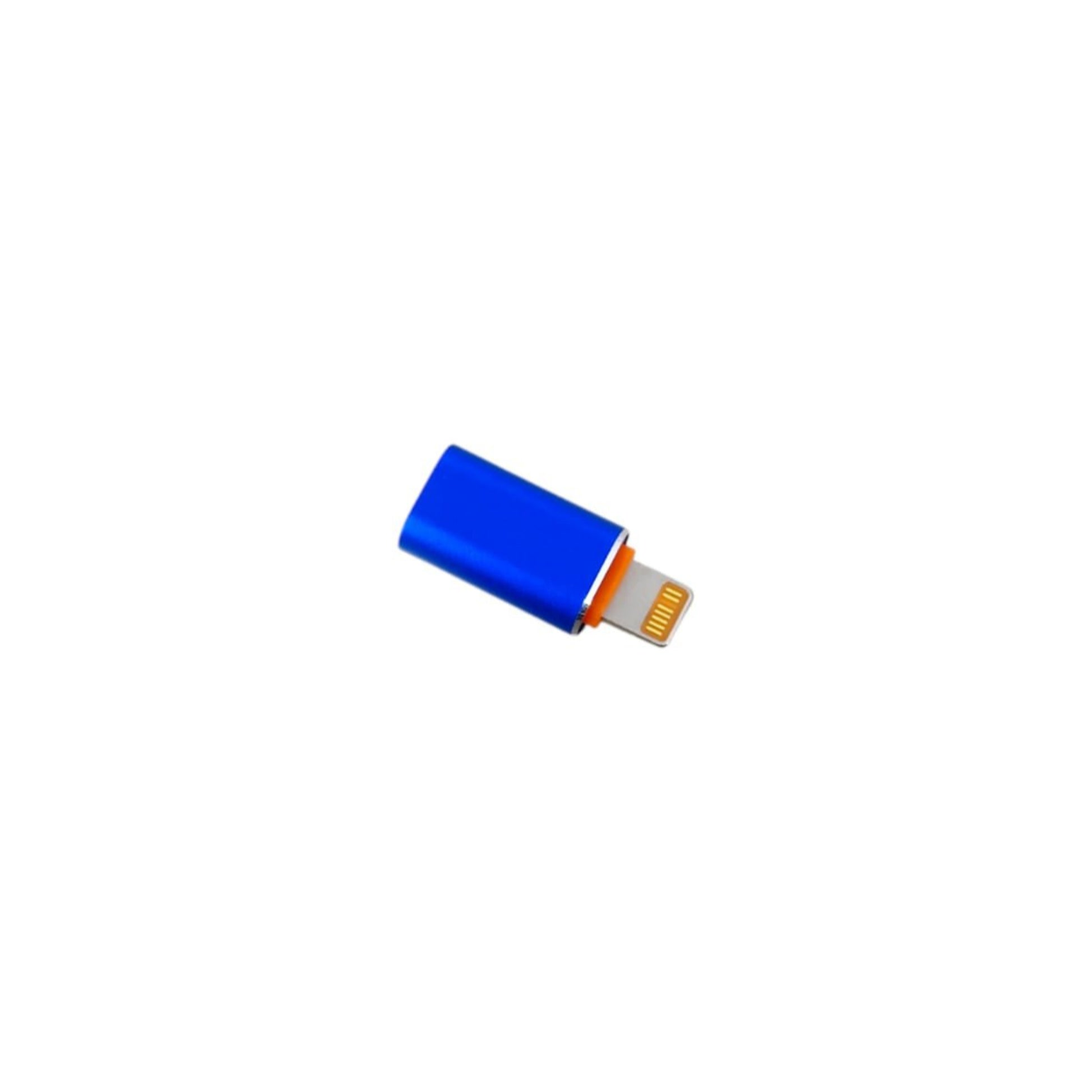 USB-C to iPhone Lightning adapter in blue, enabling charging and data transfer for Apple devices.