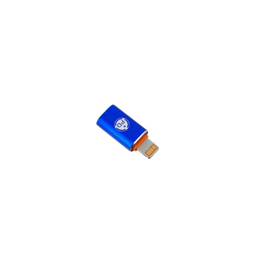 Type-C to iPhone Lightning adapter with blue design for charging and data transfer between devices.