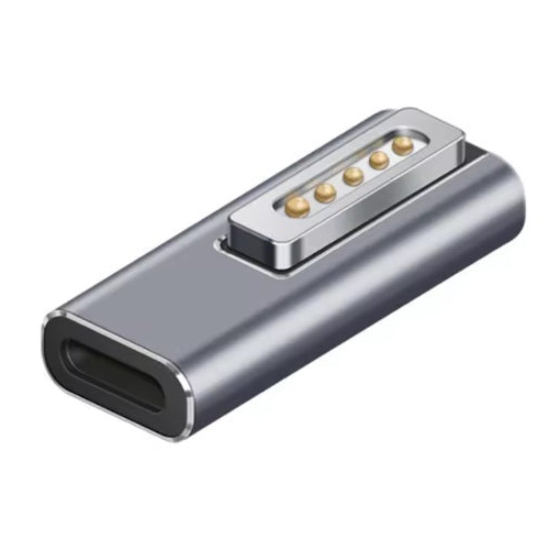 A close-up of the silver USB-C to MagSafe 2 adapter on a white background.