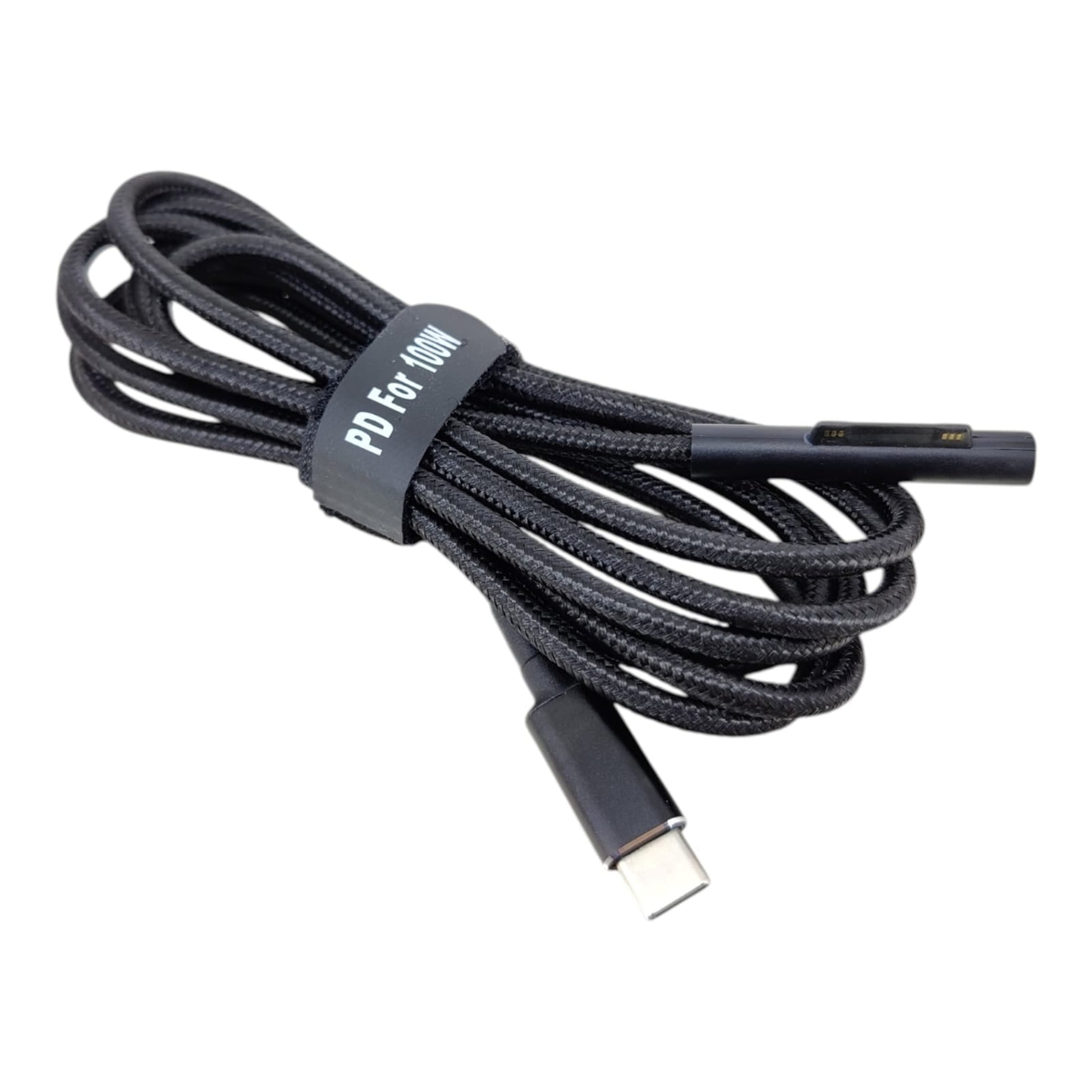 Black 1.8m nylon braided USB-C to Surface Pro charging cable coiled with tie.