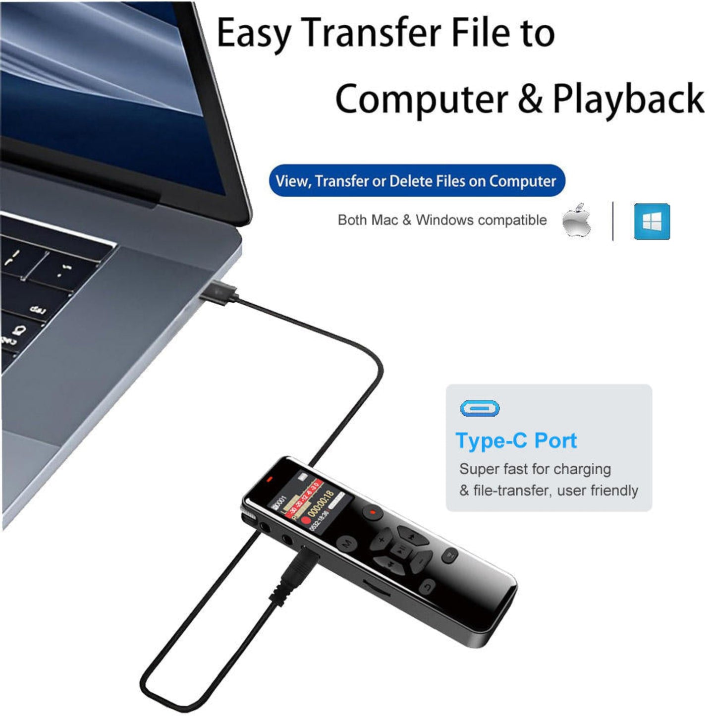 Type-C port on L691 recorder for fast charging and easy file transfer to Mac or Windows computers.