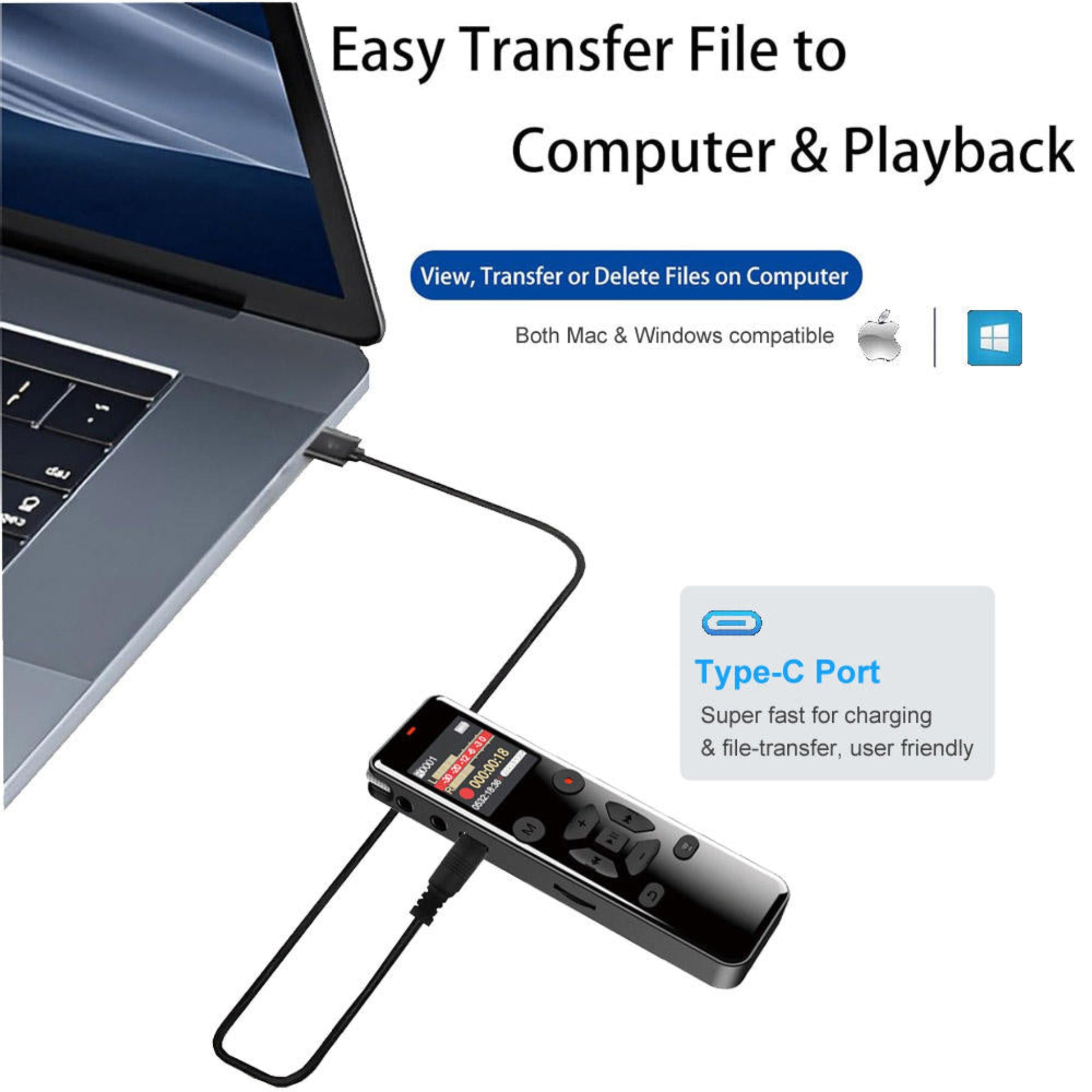 Type-C port on L691 recorder for fast charging and easy file transfer to Mac or Windows computers.
