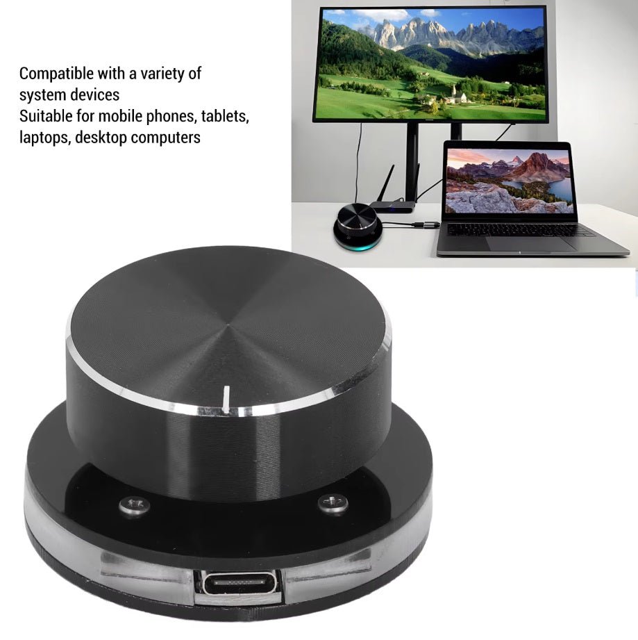 USB-C volume control knob with RGB light for PC, compatible with phones, tablets, laptops, and desktop devices.