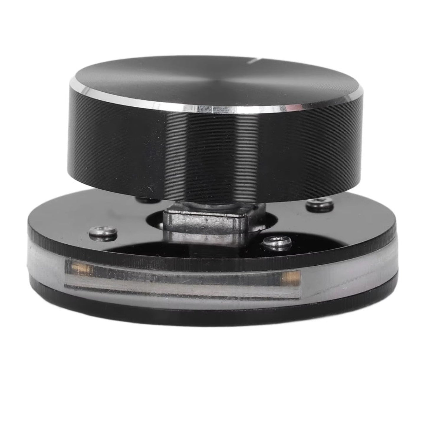 Black USB-C multimedia volume controller knob with acrylic base.