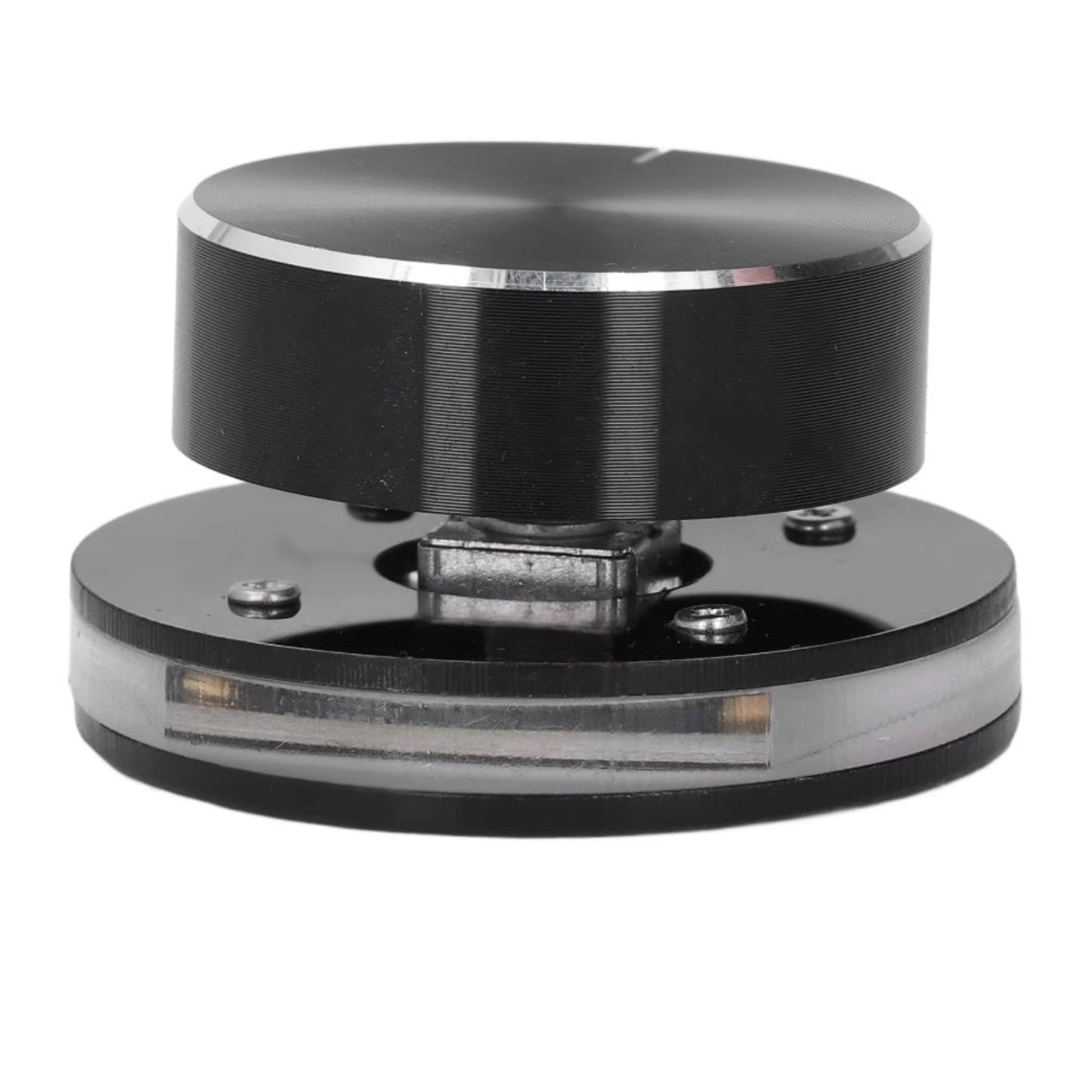 Black USB-C multimedia volume controller knob with acrylic base.