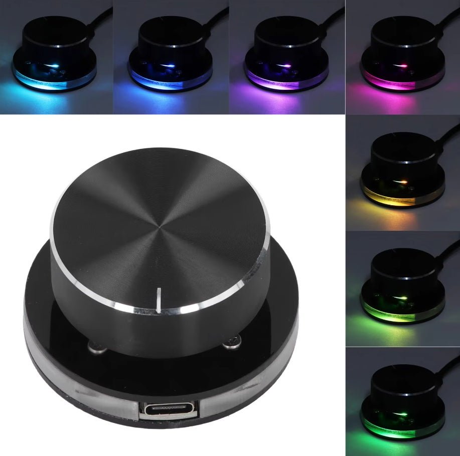 USB-C volume control knob with RGB lights, sleek design for PC audio adjustment.