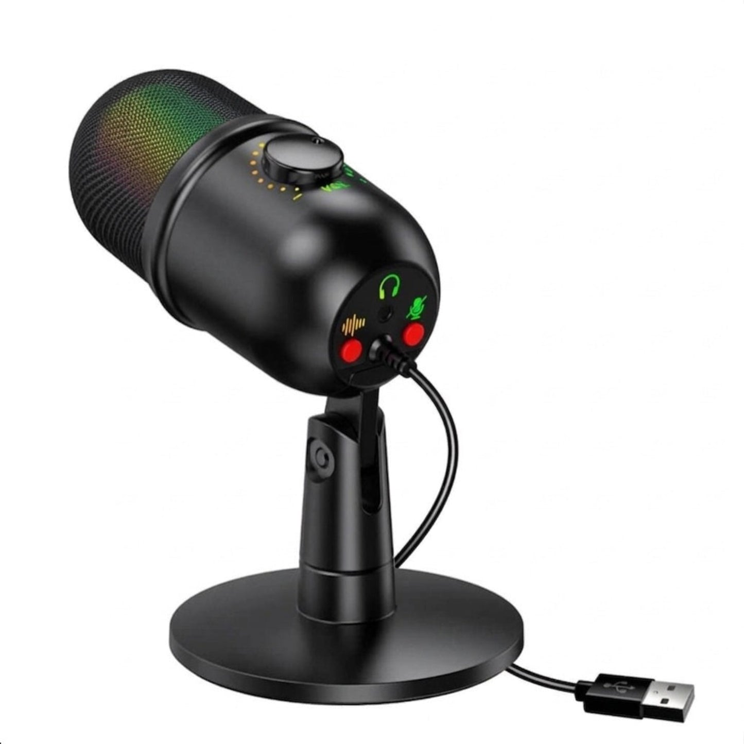 配備 RGB 燈效的 USB 電容式麥克風，設有音量控制旋鈕及耳機插孔，適用於電競直播、錄音及網上會議。