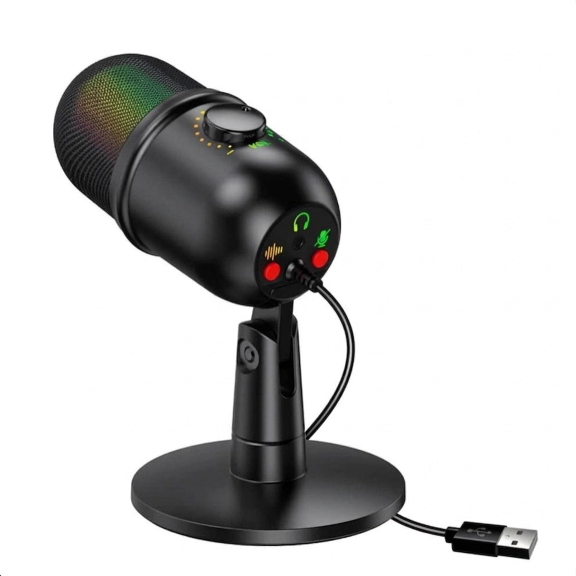 配備 RGB 燈效的 USB 電容式麥克風，設有音量控制旋鈕及耳機插孔，適用於電競直播、錄音及網上會議。