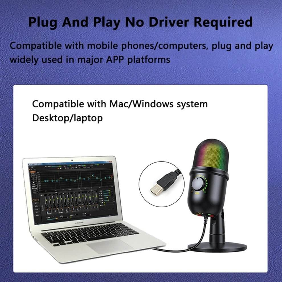 USB condenser microphone connected to a laptop via USB, illustrating plug and play compatibility with Mac/Windows systems, mobile phones, and various platforms.