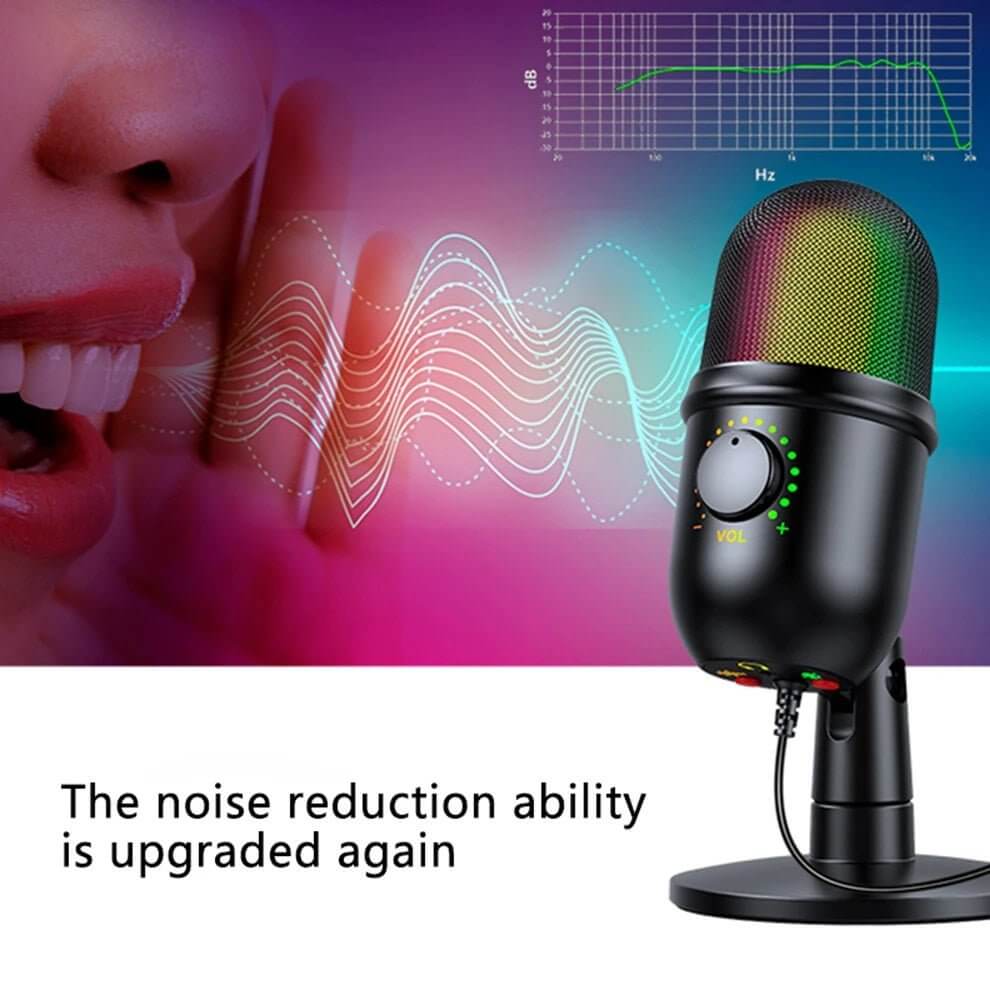 Diagram showing the improved noise reduction ability of the USB condenser microphone, with sound waves indicating clearer audio.