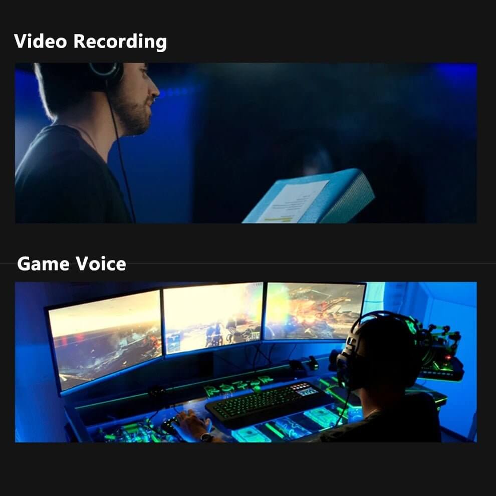Two images showing common use cases for the USB microphone: one person video recording and another playing a game with multiple monitors, highlighting versatility.