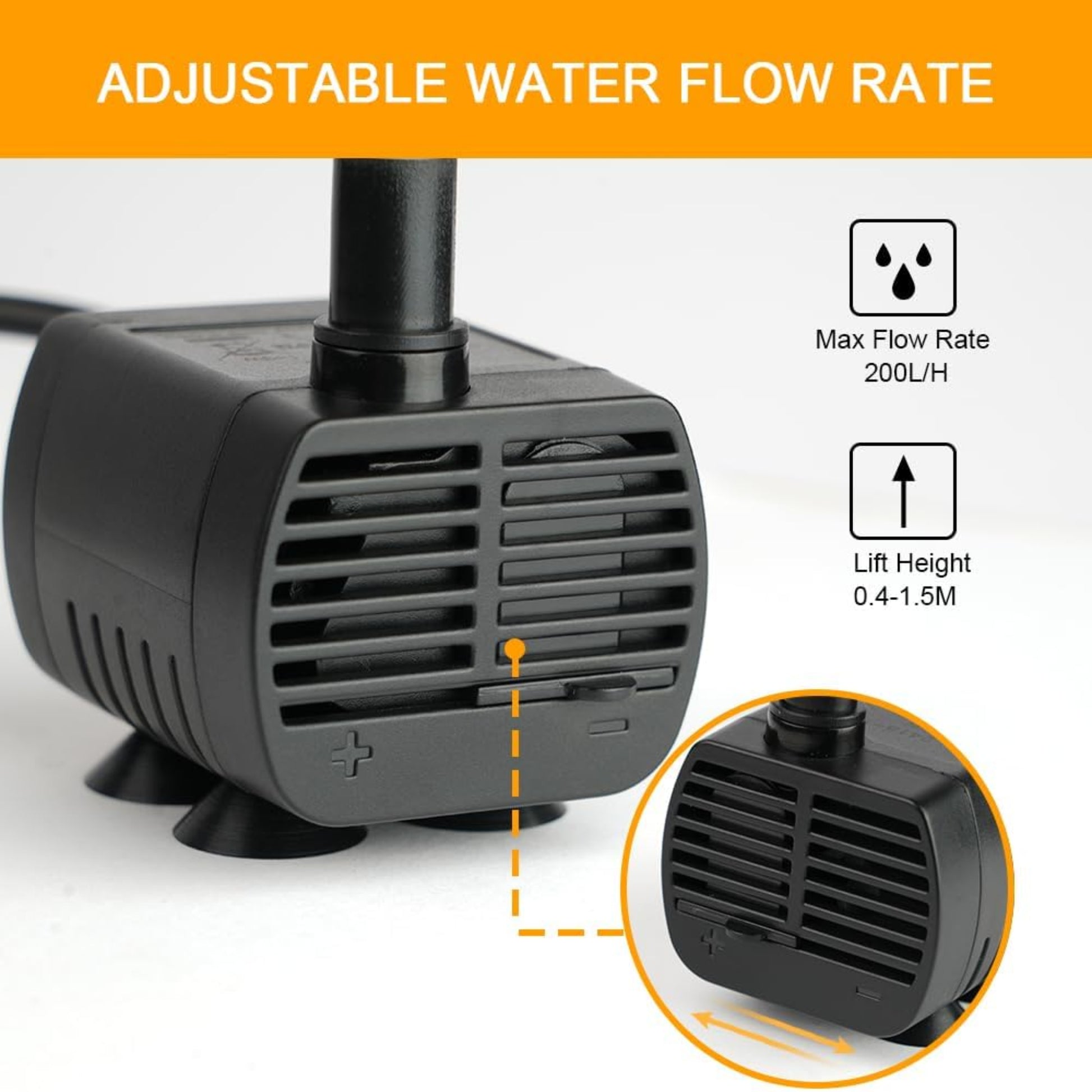 Adjustable water flow rate slider on black USB submersible pump showing 200L/H Max Flow.