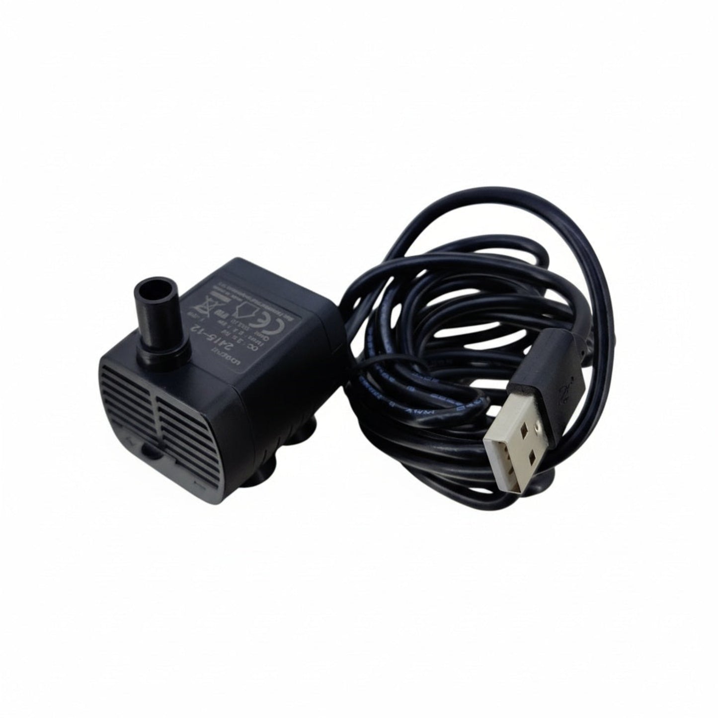 Black USB mini water pump front view showing adjustable water flow slider and outlet nozzle.