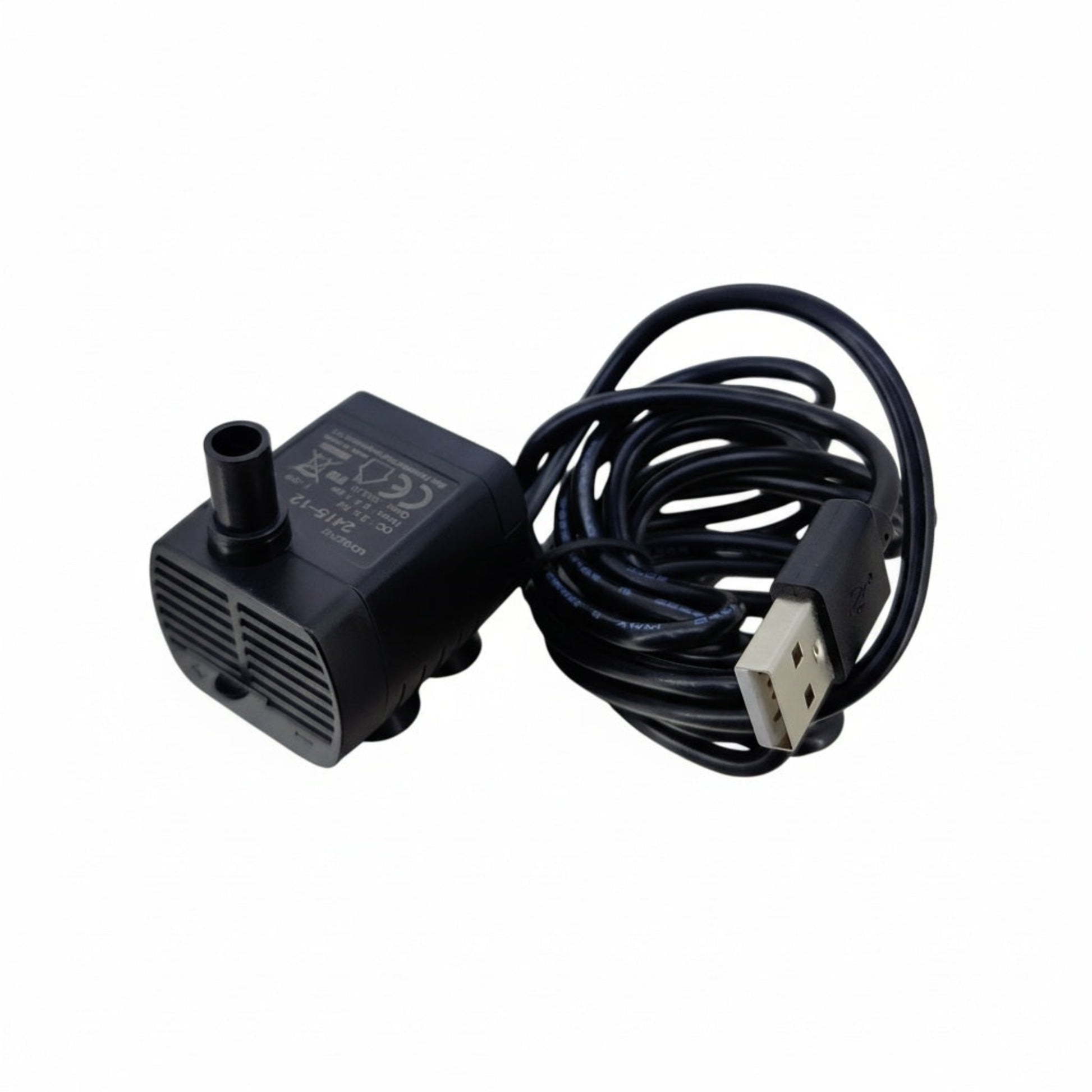 Black USB mini water pump front view showing adjustable water flow slider and outlet nozzle.