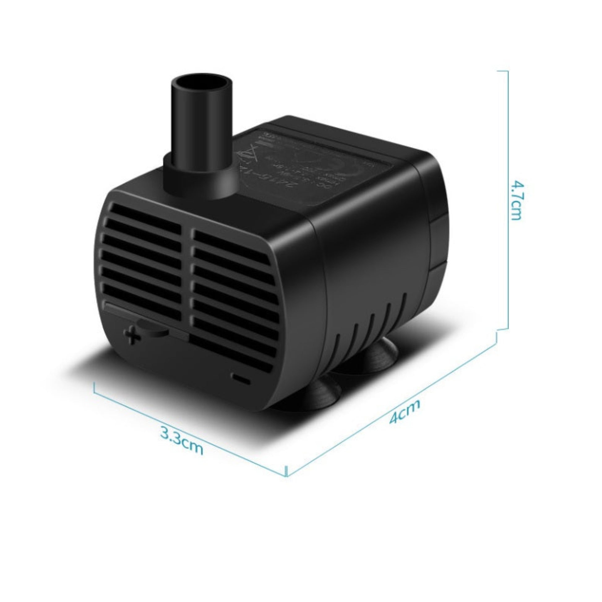 Size diagram of USB mini water pump showing 4 x 3.3 x 4.7 cm compact dimensions.