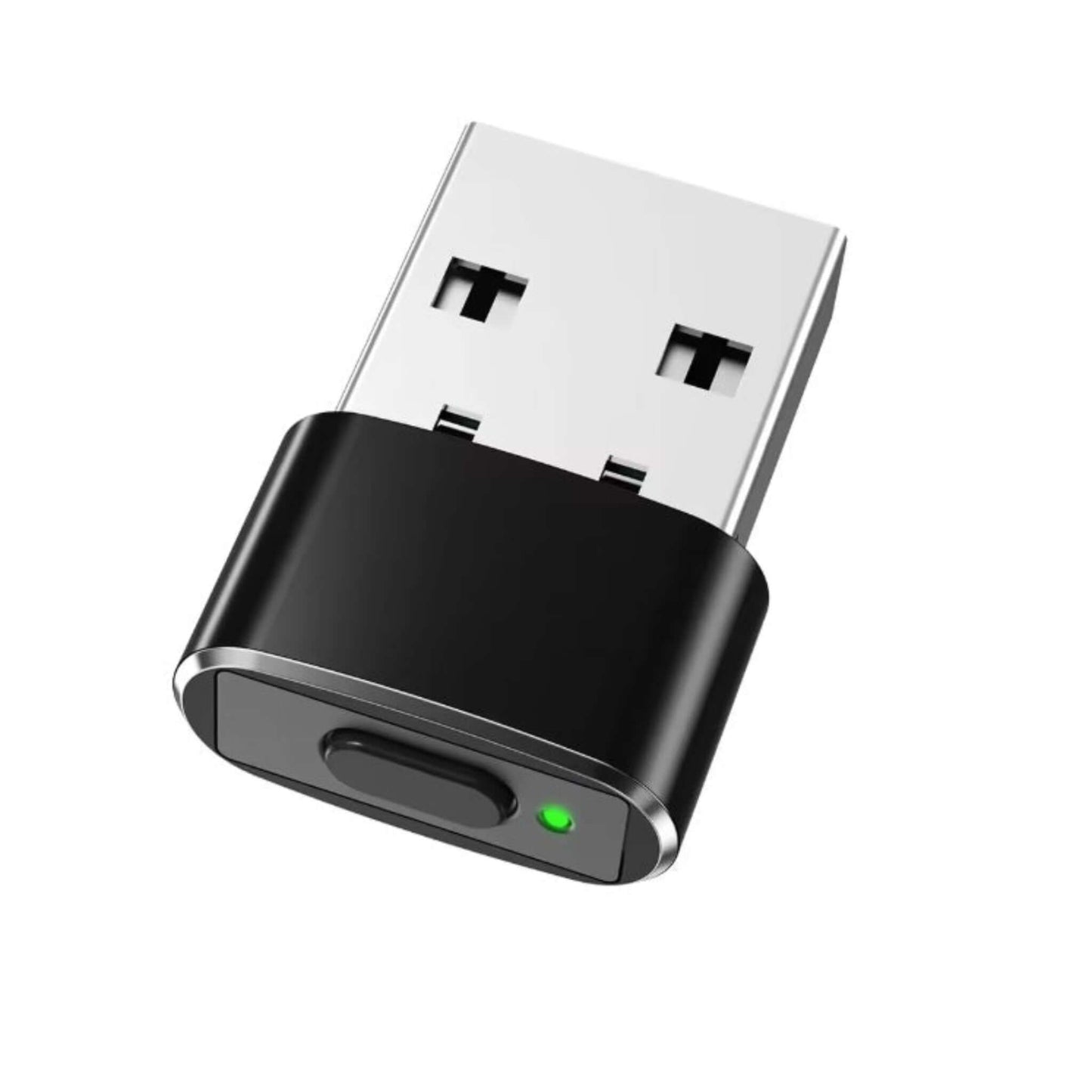 Mini USB mouse jiggler with black aluminum alloy housing and green LED indicator light.