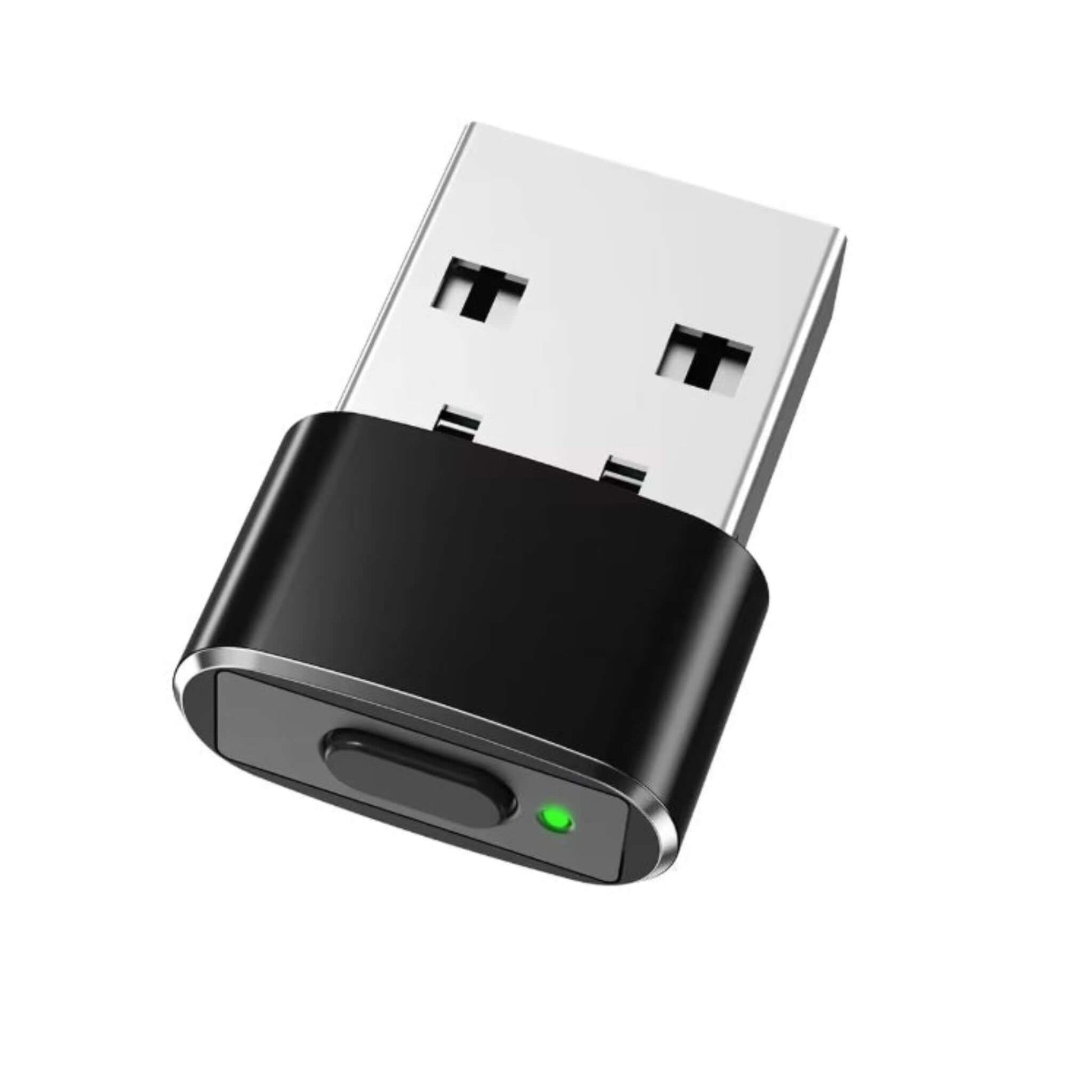Mini USB mouse jiggler with black aluminum alloy housing and green LED indicator light.
