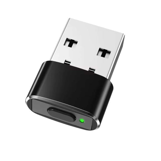 Mini USB mouse jiggler with black aluminum alloy housing and green LED indicator light.
