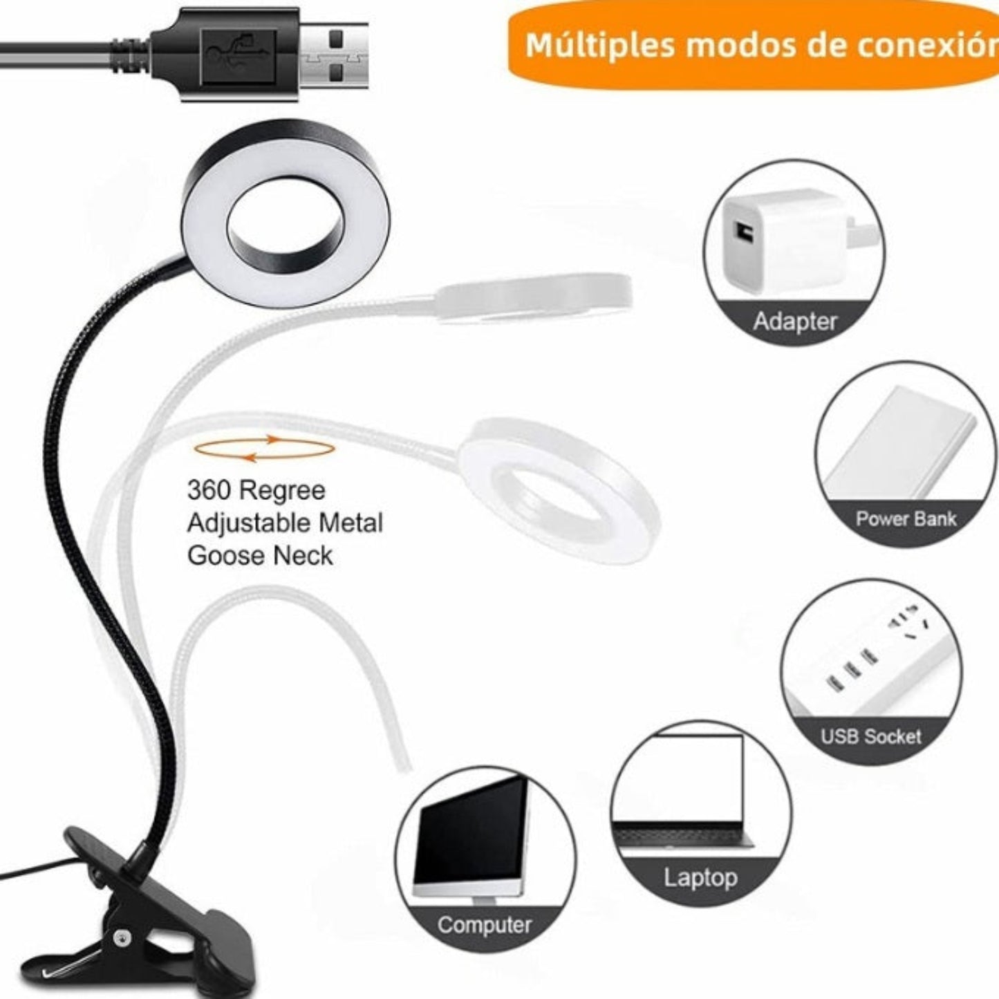 USB LED Clamp Desk Lamp | 3 Color Modes & 10 Brightness Levels with flexible neck and multiple connection options.