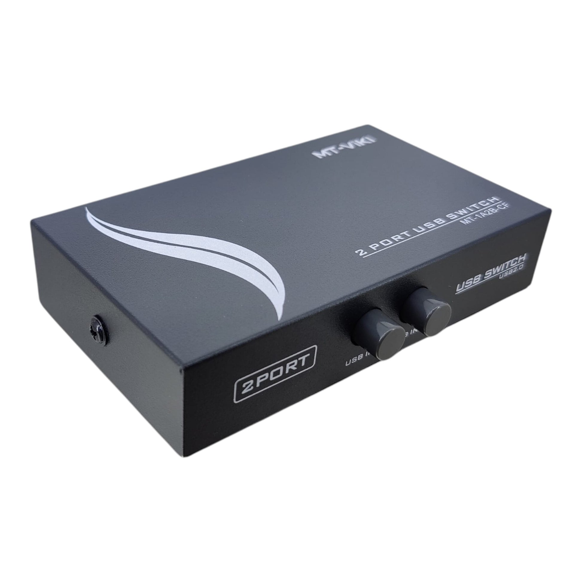 Close up of the manual push buttons and metal casing on the USB switch.