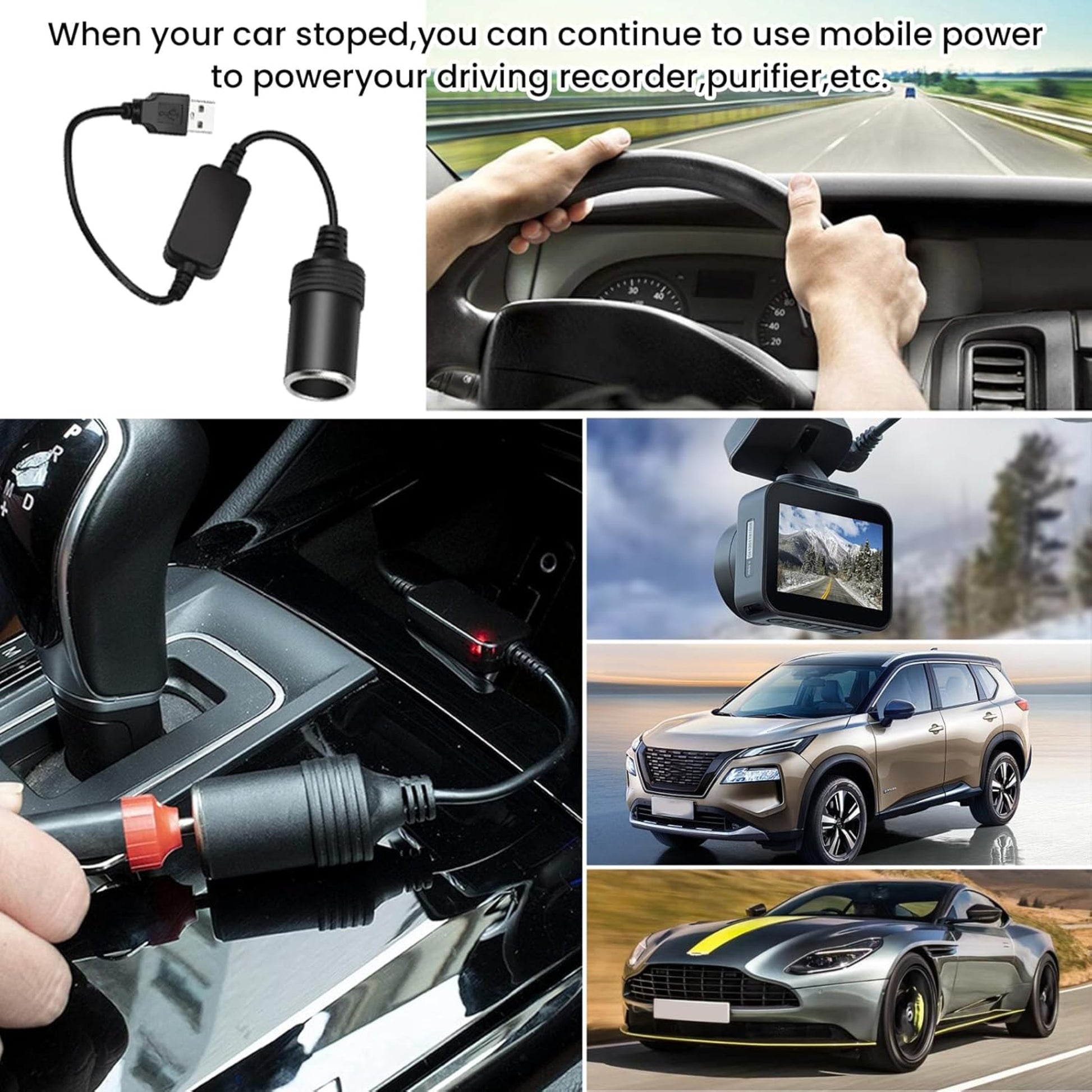 USB to 12V adapter powering car devices, showcasing convenience for driving recorders and purifiers in various vehicles.