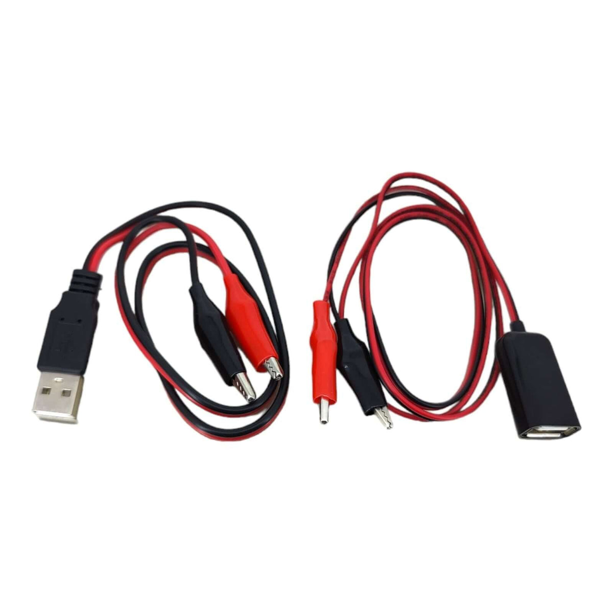 USB to dual copper alligator clips test leads, red and black, ideal for multimeter and power bank testing.